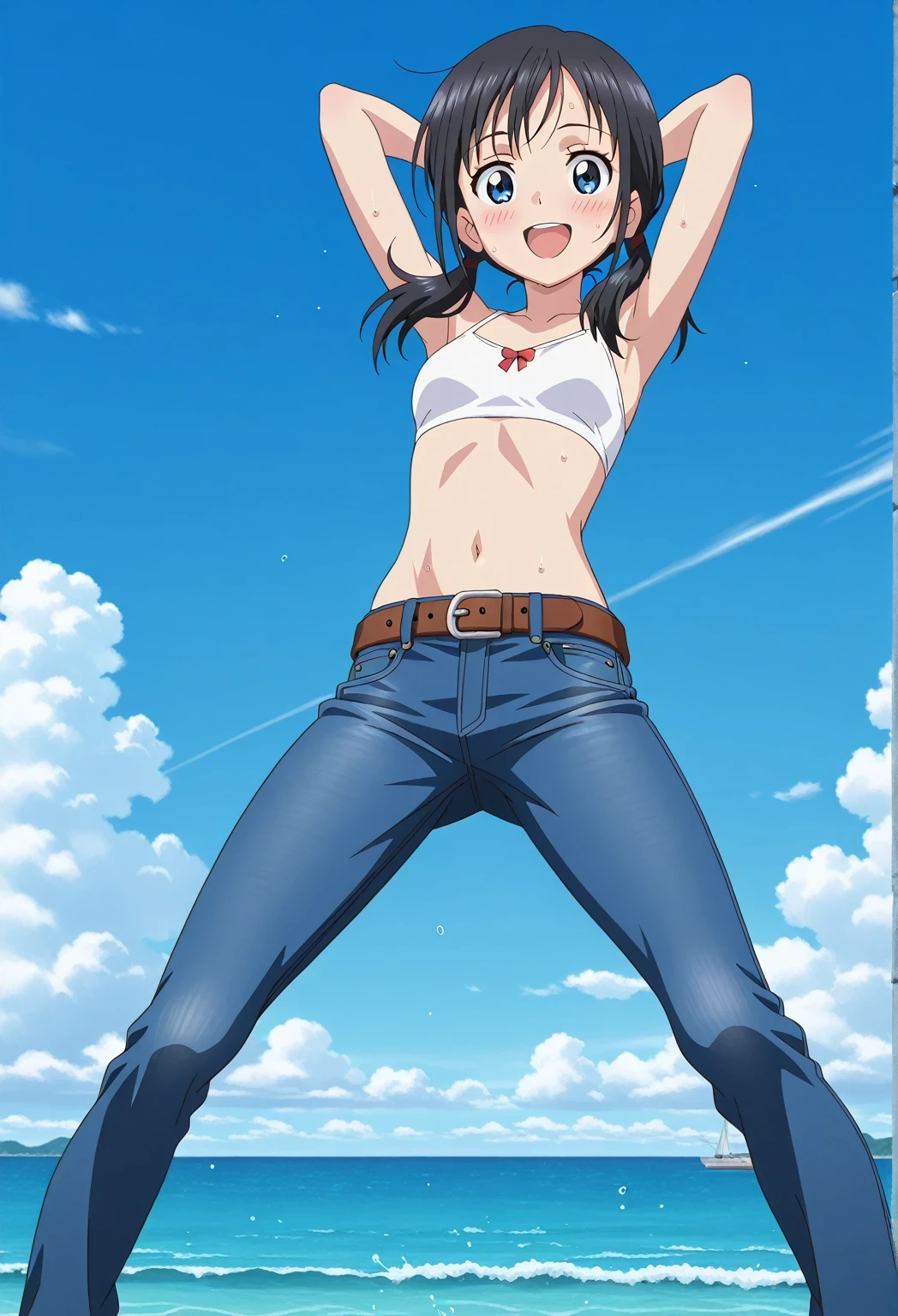 score_9, score_8_up, score_7_up, source_anime, highres, hi res, ((best quality, top quality, perfect quality, Highest Quality, amazing quality)), {{masterpiece}}, {{an extremely delicate and beautiful}}, 2d, intricate details, official style, anime, 8k, anime style, official_anime, official art, digital painting, cell shading, soft shading, high resolution, soothing tones, Subdued Color, Soft cinematic light, adobe lightroom, photolab, HDR, intricately and hyper-detailed, ((high quality animation)), 1 girl, Alone, solo, ((ocean)), tsunami, on the water, day, sunny, outdoors, sky, windy, hina_xl, 1girl, black hair, blue eyes, medium hair, low twintails, anime screencap, small breasts, white bikini crop top, best quality, hyper-detailed jeans, belt, brown belt, ((blue jeans:1.9)), (dark blue jeans:0.6), full medium body, medium shot, Open mouth, smiling, happy face, blush, sweat, standing, ((arms behind head:6.0)), bowlegged, sliding pose, action, looking at viewer, spread legs, Bend knees slightly, straight-on front view