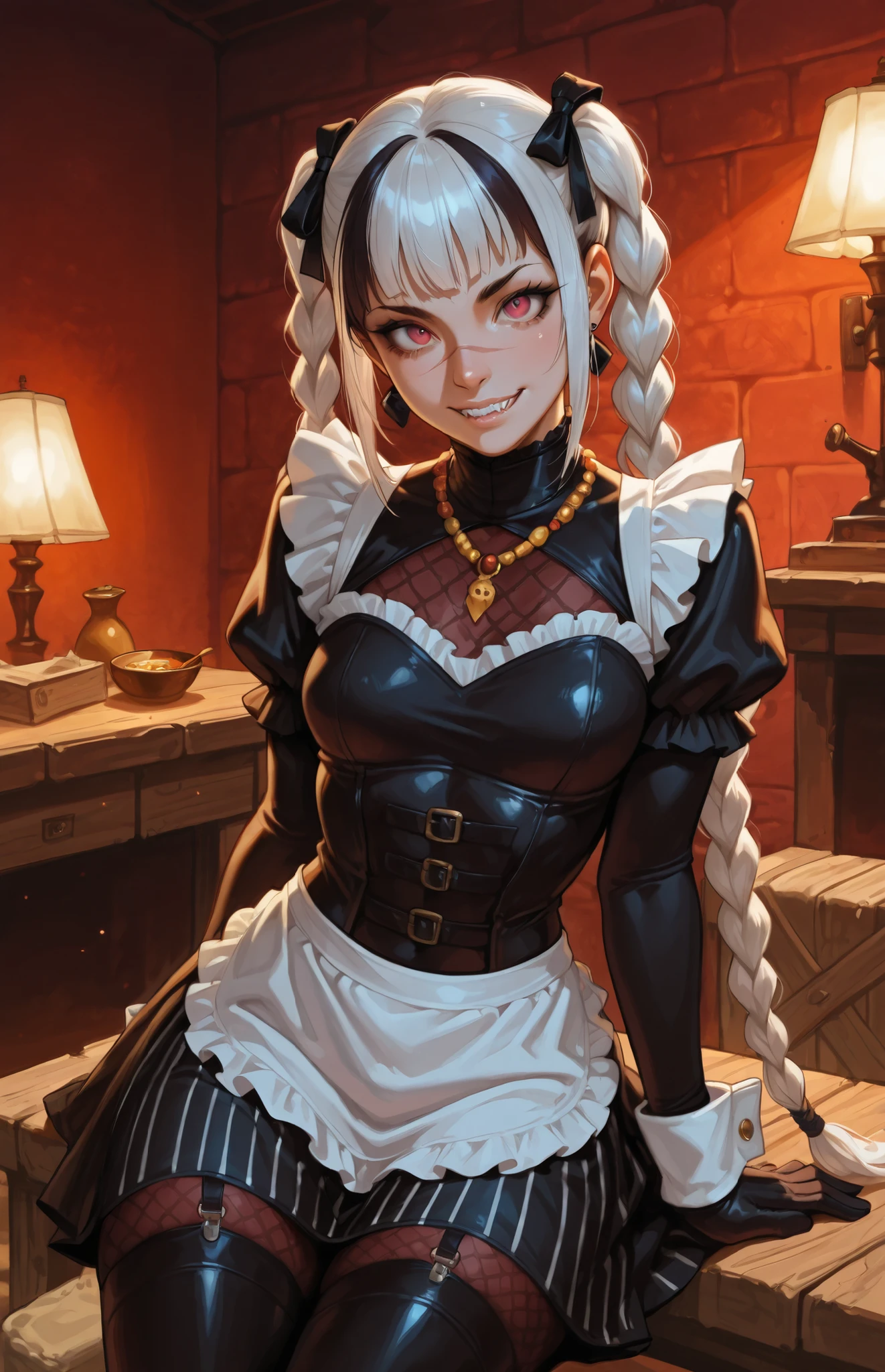 She looks like Elena from Street Fighter and has a horizontal scar across her nose. Inca girl with white and dark hair, deep red-coloured eyes, slanted Asian eyes, small sharp canine teeth, black eyeliner, athletic body and soft abs. Slender and athletic. Cute, round and young face. White highlights in her hair. She wears black, leather outfit with snakeskin-pattern and black gloves. She also wears an amber necklace. She has small breasts. She has a small smile on her face, lips pressed together. Atmospheric lighting. Looking at the viewer. Background: Spanish medieval town, hdr colours, semi-realistic