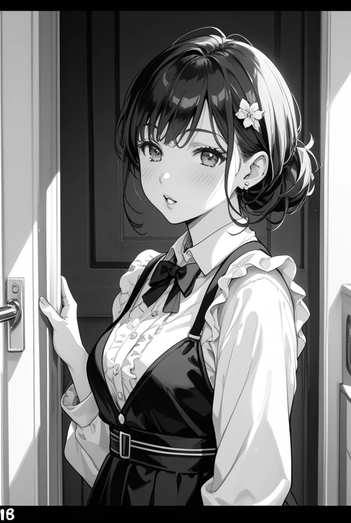 Highest quality,masterpiece,masterpiece portrait,((full body)),　Brown Hair、Blue Eyes、Pink lips、、White shirt、Black Ribbon、 atmosphere、cartoonist、(((Slightly )))、Wearing a red beret、((Posing with a fountain pen))、Anime Style、Beauty、Her background is monochrome black、(((Front view)))、Looking up