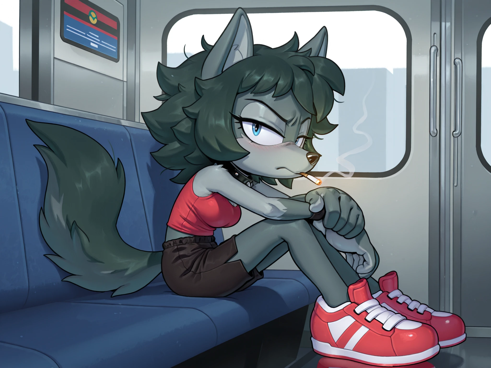 masterpiece, best quality, amazing quality, ultra-detailed, very aesthetic, high resolution, absurdres perfect hands, furry, anthro, detailed_eyes BREAK { 1girl, solo, source furry, furry, wolf, blue eyes, grayish_green_fur, gray_body_fur, two tone body, dark green hair, short messy hair, wolf ears, wolf features, looking at viewer, annoyed face, shy face, medium breasts, (short body, tiny body), big head, closeup, ((red top, black shorts, black collar, red sport shoes)), wolf tail, hand with five fingers, sexy, full body, onmodelblobian, sitting, side view, dynamic_shot, smoking, subway metro background