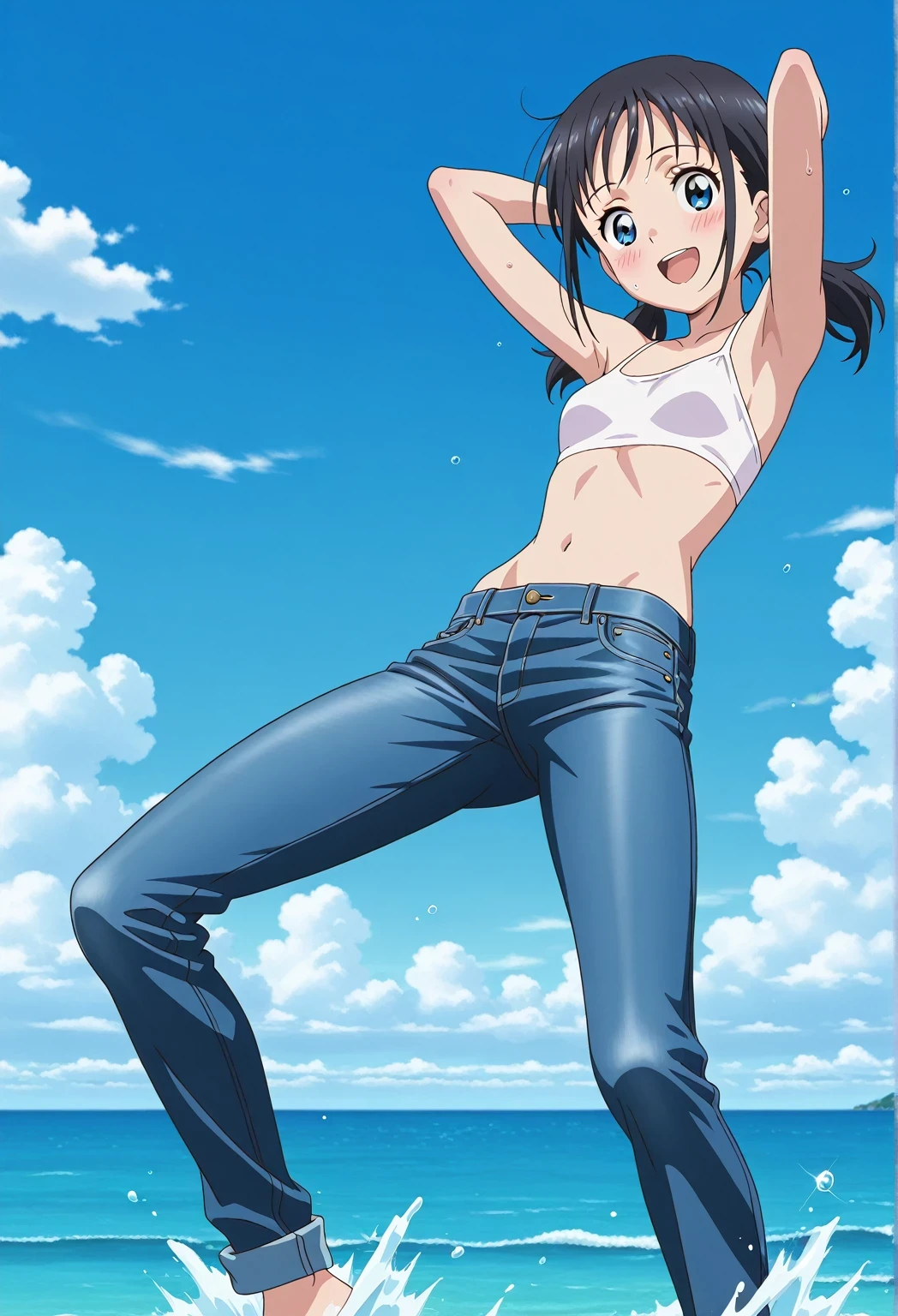 score_9, score_8_up, score_7_up, source_anime, highres, hi res, ((best quality, top quality, perfect quality, Highest Quality, amazing quality)), {{masterpiece}}, {{an extremely delicate and beautiful}}, 2d, intricate details, official style, anime, 8k, anime style, official_anime, official art, digital painting, cell shading, soft shading, high resolution, soothing tones, Subdued Color, Soft cinematic light, adobe lightroom, photolab, HDR, intricately and hyper-detailed, ((high quality animation)), 1 girl, Alone, solo, ((ocean)), tsunami, on the water, day, sunny, outdoors, sky, windy, hina_xl, 1girl, black hair, blue eyes, medium hair, low twintails, anime screencap, small breasts, white bikini crop top, best quality, hyper-detailed jeans, ((blue jeans:1.9)), (dark blue jeans:0.6), full medium body, medium shot, Open mouth, smiling, happy face, blush, sweat, standing, ((arms behind head:6.0)), bowlegged, jumping pose, action, looking at viewer, spread legs, Bend knees slightly, straight-on front view