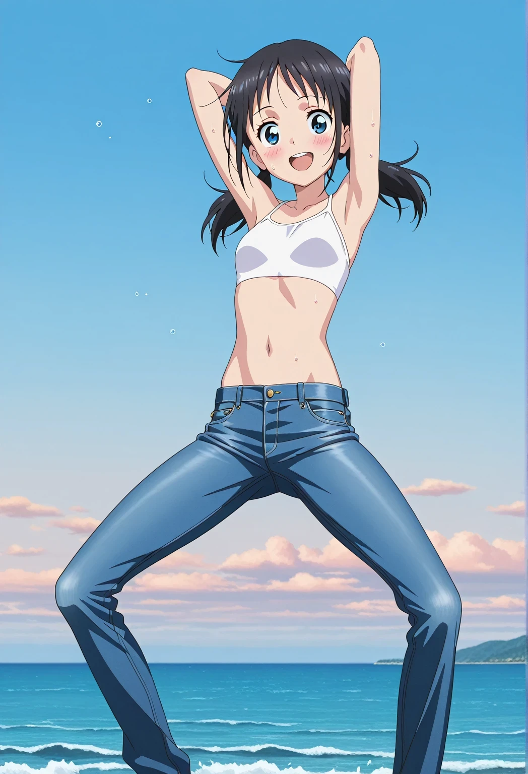 score_9, score_8_up, score_7_up, source_anime, highres, hi res, ((best quality, top quality, perfect quality, Highest Quality, amazing quality)), {{masterpiece}}, {{an extremely delicate and beautiful}}, 2d, intricate details, official style, anime, 8k, anime style, official_anime, official art, digital painting, cell shading, soft shading, high resolution, soothing tones, Subdued Color, Soft cinematic light, adobe lightroom, photolab, HDR, intricately and hyper-detailed, ((high quality animation)), 1 girl, Alone, solo, ((ocean)), tsunami, on the water, day, sunny, outdoors, sky, windy, hina_xl, 1girl, black hair, blue eyes, medium hair, low twintails, anime screencap, small breasts, white bikini crop top, best quality, hyper-detailed jeans, ((blue jeans:1.9)), (dark blue jeans:0.6), full medium body, medium shot, Open mouth, smiling, happy face, blush, sweat, standing, ((arms behind head:6.0)), bowlegged, jumping pose, action, looking at viewer, spread legs, Bend knees slightly, straight-on front view