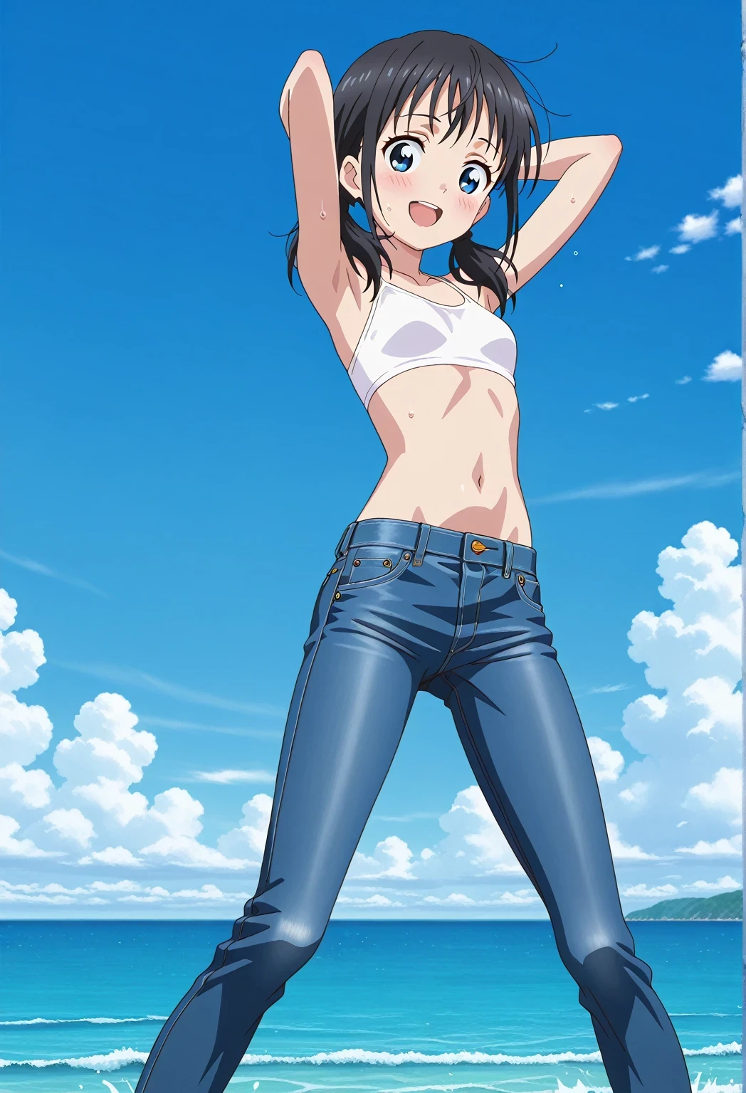 score_9, score_8_up, score_7_up, source_anime, highres, hi res, ((best quality, top quality, perfect quality, Highest Quality, amazing quality)), {{masterpiece}}, {{an extremely delicate and beautiful}}, 2d, intricate details, official style, anime, 8k, anime style, official_anime, official art, digital painting, cell shading, soft shading, high resolution, soothing tones, Subdued Color, Soft cinematic light, adobe lightroom, photolab, HDR, intricately and hyper-detailed, ((high quality animation)), 1 girl, Alone, solo, ((ocean)), tsunami, on the water, day, sunny, outdoors, sky, windy, hina_xl, 1girl, black hair, blue eyes, medium hair, low twintails, anime screencap, small breasts, white bikini crop top, best quality, hyper-detailed jeans, ((blue jeans:1.9)), (dark blue jeans:0.6), full medium body, medium shot, Open mouth, smiling, happy face, blush, sweat, standing, ((arms behind head:6.0)), bowlegged, jumping pose, action, looking at viewer, spread legs, Bend knees slightly, straight-on front view