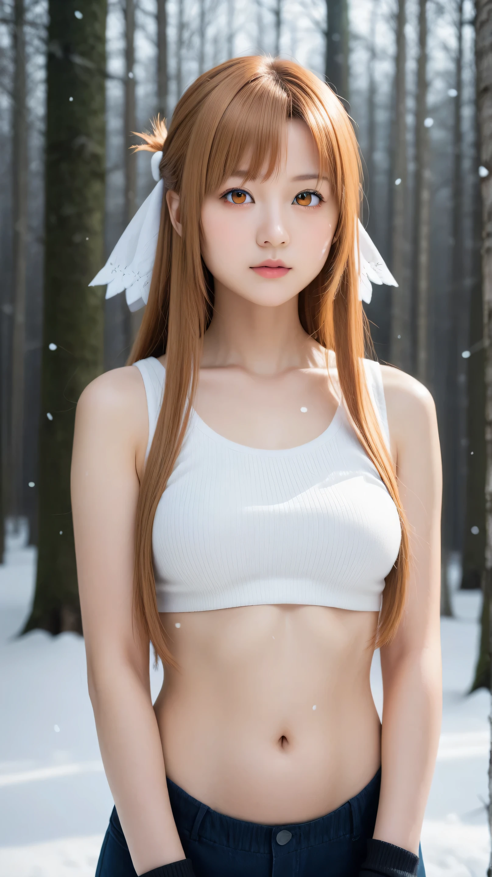 Masterpiece, best quality, 8k, ultra high resolution, photorealistic, cinematic composition.1girl, solo,asuna yuuki,orange eyes,outdoors,potrait,medium breast,(winter forest background:1.4),oasis,(Bangs:1.3),parted bangs,close up,standing still,hair ribbon,long hair,white tanktop,black glove,(navel:1.5),snow,snowfall