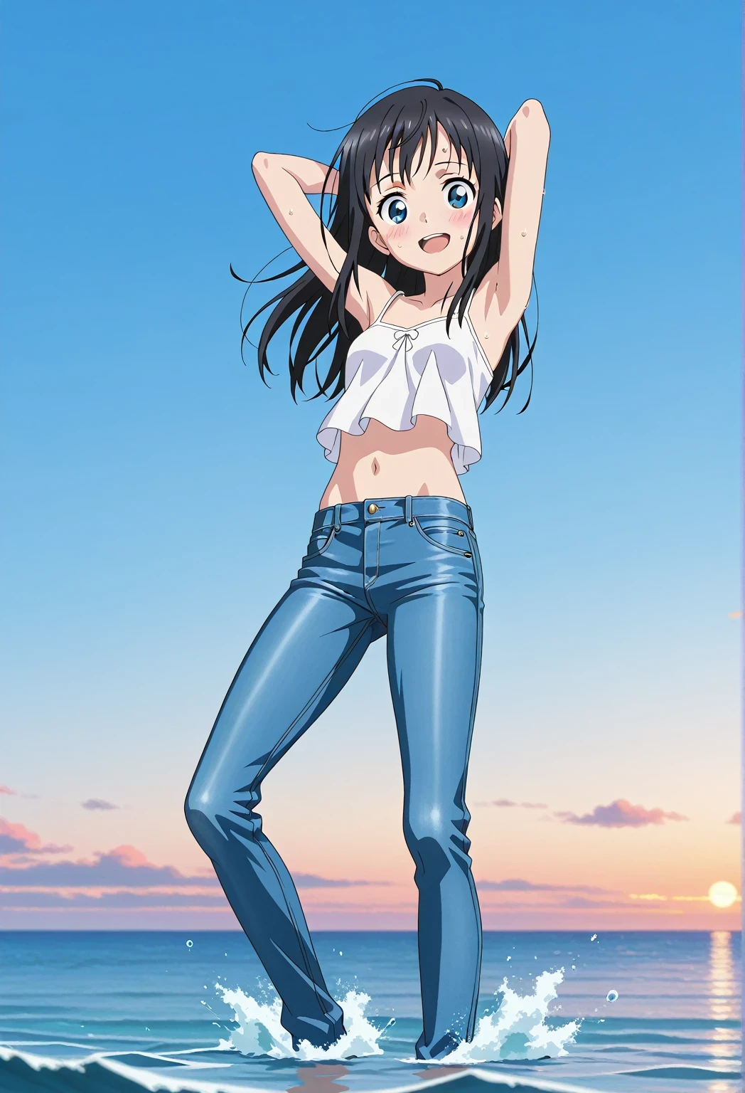 score_9, score_8_up, score_7_up, source_anime, highres, hi res, ((best quality, top quality, perfect quality, Highest Quality, amazing quality)), {{masterpiece}}, {{an extremely delicate and beautiful}}, 2d, intricate details, official style, anime, 8k, anime style, official_anime, official art, digital painting, cell shading, soft shading, high resolution, soothing tones, Subdued Color, Soft cinematic light, adobe lightroom, photolab, HDR, intricately and hyper-detailed, ((high quality animation)), 1 girl, Alone, solo, ((ocean)), tsunami, on the water, day, sunny, outdoors, sky, windy, hina_xl, 1girl, black hair, blue eyes, long hair, anime screencap, small breasts, white camisole top, crop top, white crop top, best quality, hyper-detailed jeans, ((blue jeans:1.9)), (dark blue jeans:0.6), full medium body, medium shot, Open mouth, smiling, happy face, blush, sweat, standing, ((arms behind head:6.0)), bowlegged, jumping pose, action, looking at viewer, spread legs, Bend knees slightly, straight-on front view