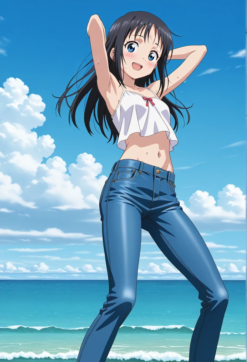 score_9, score_8_up, score_7_up, source_anime, highres, hi res, ((best quality, top quality, perfect quality, Highest Quality, amazing quality)), {{masterpiece}}, {{an extremely delicate and beautiful}}, 2d, intricate details, official style, anime, 8k, anime style, official_anime, official art, digital painting, cell shading, soft shading, high resolution, soothing tones, Subdued Color, Soft cinematic light, adobe lightroom, photolab, HDR, intricately and hyper-detailed, ((high quality animation)), 1 girl, Alone, solo, ((ocean)), tsunami, on the water, day, sunny, outdoors, sky, windy, hina_xl, 1girl, black hair, blue eyes, long hair, anime screencap, small breasts, white camisole top, crop top, white crop top, best quality, hyper-detailed jeans, ((blue jeans:1.9)), (dark blue jeans:0.6), full medium body, medium shot, Open mouth, smiling, happy face, blush, sweat, standing, ((arms behind head:6.0)), bowlegged, jumping pose, action, looking at viewer, spread legs, Bend knees slightly, straight-on front view