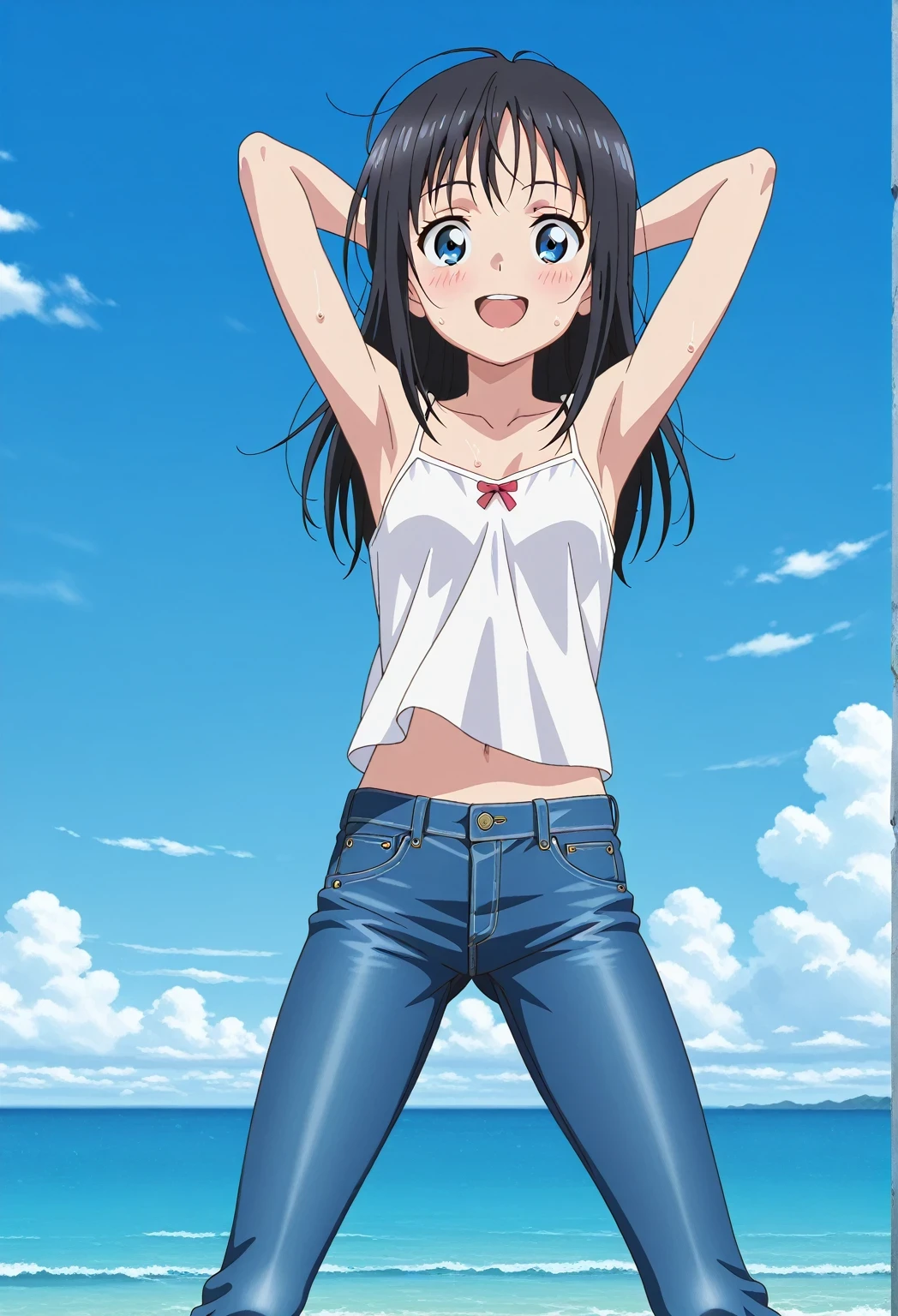 score_9, score_8_up, score_7_up, source_anime, highres, hi res, ((best quality, top quality, perfect quality, Highest Quality, amazing quality)), {{masterpiece}}, {{an extremely delicate and beautiful}}, 2d, intricate details, official style, anime, 8k, anime style, official_anime, official art, digital painting, cell shading, soft shading, high resolution, soothing tones, Subdued Color, Soft cinematic light, adobe lightroom, photolab, HDR, intricately and hyper-detailed, ((high quality animation)), 1 girl, Alone, solo, ((ocean)), tsunami, on the water, day, sunny, outdoors, sky, windy, hina_xl, 1girl, black hair, blue eyes, long hair, anime screencap, small breasts, white camisole top, crop top, white crop top, best quality, hyper-detailed jeans, ((blue jeans:1.9)), (dark blue jeans:0.6), full medium body, medium shot, Open mouth, smiling, happy face, blush, sweat, standing, ((arms behind head:6.0)), bowlegged, sliding pose, action, looking at viewer, spread legs, Bend knees slightly, straight-on front view