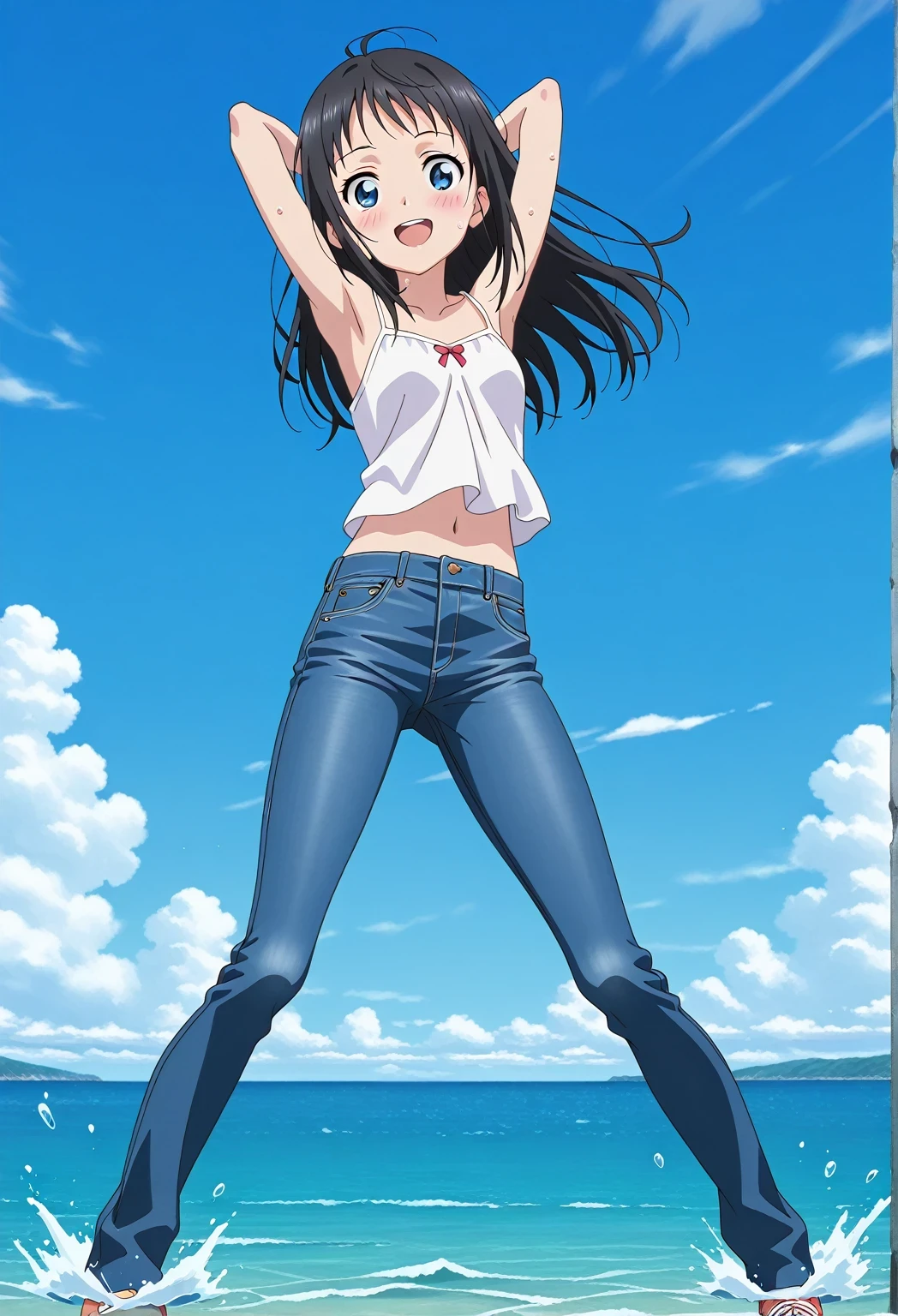 score_9, score_8_up, score_7_up, source_anime, highres, hi res, ((best quality, top quality, perfect quality, Highest Quality, amazing quality)), {{masterpiece}}, {{an extremely delicate and beautiful}}, 2d, intricate details, official style, anime, 8k, anime style, official_anime, official art, digital painting, cell shading, soft shading, high resolution, soothing tones, Subdued Color, Soft cinematic light, adobe lightroom, photolab, HDR, intricately and hyper-detailed, ((high quality animation)), 1 girl, Alone, solo, ((ocean)), tsunami, on the water, day, sunny, outdoors, sky, windy, hina_xl, 1girl, black hair, blue eyes, long hair, anime screencap, small breasts, white camisole top, crop top, white crop top, best quality, hyper-detailed jeans, ((blue jeans:1.9)), (dark blue jeans:0.6), full medium body, medium shot, Open mouth, smiling, happy face, blush, sweat, standing, ((arms behind head:6.0)), bowlegged, sliding pose, action, looking at viewer, spread legs, Bend knees slightly, straight-on front view