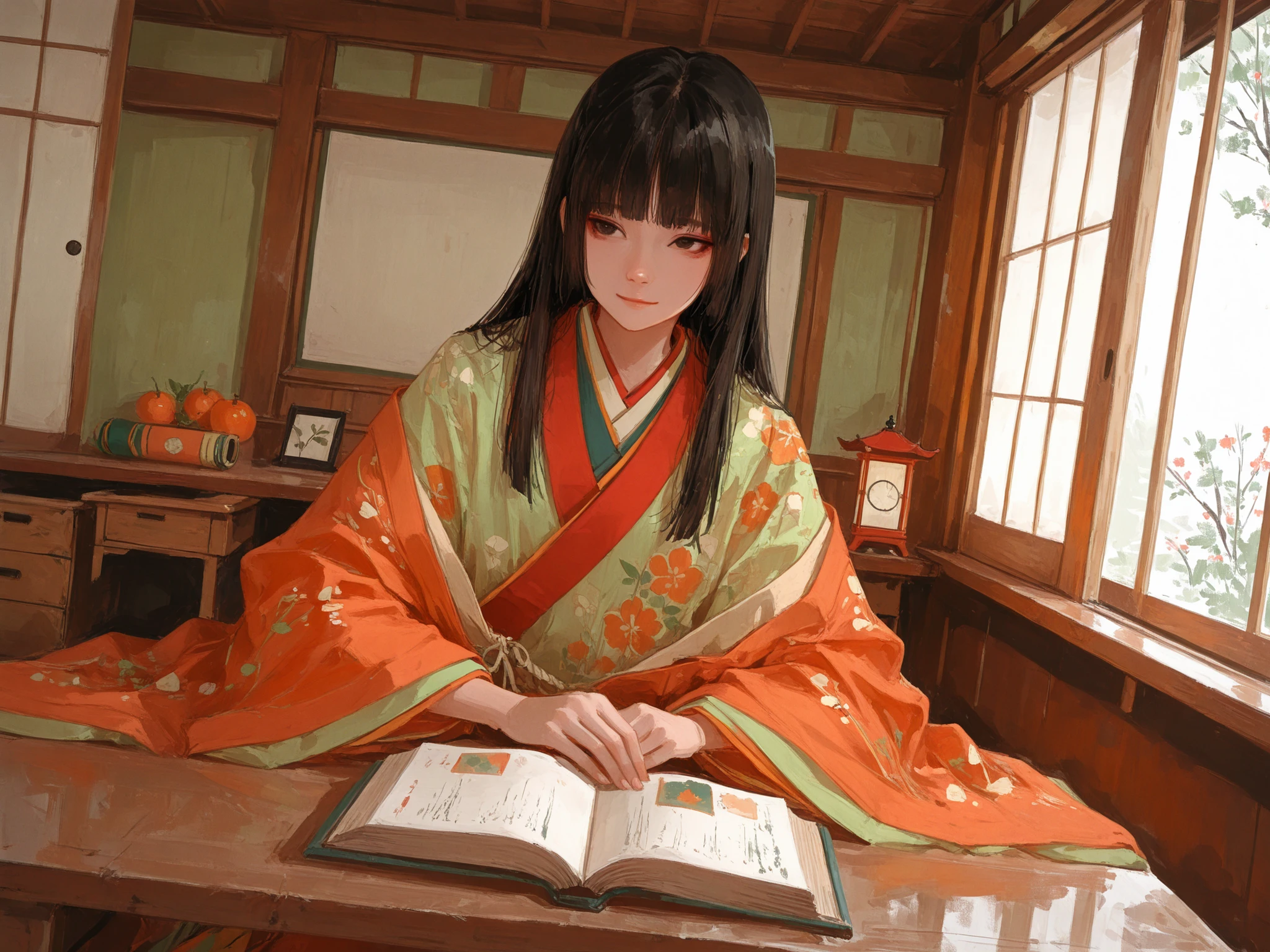 medium shot, dutch angle, makes an aesthetic, Master piece, Best Quality, ultra detailed, a beautiful girl, solo, black hair, silky straight hair, hime cut, beautiful black eyes, red and orange and light green (twelve-layered:1.3) kimono, sitting, Japanese small wooden desk, Japanese-style book, light smile, Japanese-style room, morning