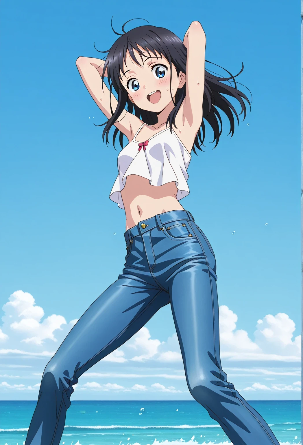 score_9, score_8_up, score_7_up, source_anime, highres, hi res, ((best quality, top quality, perfect quality, Highest Quality, amazing quality)), {{masterpiece}}, {{an extremely delicate and beautiful}}, 2d, intricate details, official style, anime, 8k, anime style, official_anime, official art, digital painting, cell shading, soft shading, high resolution, soothing tones, Subdued Color, Soft cinematic light, adobe lightroom, photolab, HDR, intricately and hyper-detailed, ((high quality animation)), 1 girl, Alone, solo, ((ocean)), tsunami, on the water, day, sunny, outdoors, sky, windy, hina_xl, 1girl, black hair, blue eyes, long hair, anime screencap, small breasts, white camisole top, crop top, white crop top, best quality, hyper-detailed jeans, ((blue jeans:1.9)), (dark blue jeans:0.6), full medium body, medium shot, Open mouth, smiling, happy face, blush, sweat, standing, ((arms behind head:6.0)), bowlegged, jumping pose, action, looking at viewer, spread legs, Bend knees slightly, straight-on front view