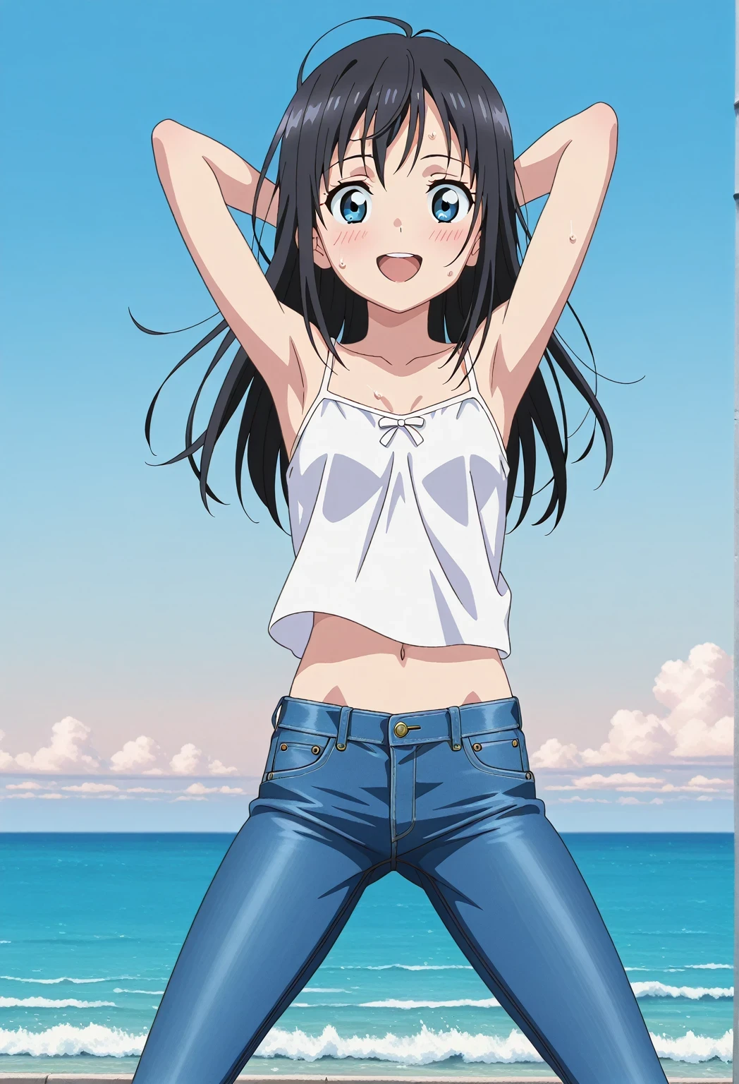 score_9, score_8_up, score_7_up, source_anime, highres, hi res, ((best quality, top quality, perfect quality, Highest Quality, amazing quality)), {{masterpiece}}, {{an extremely delicate and beautiful}}, 2d, intricate details, official style, anime, 8k, anime style, official_anime, official art, digital painting, cell shading, soft shading, high resolution, soothing tones, Subdued Color, Soft cinematic light, adobe lightroom, photolab, HDR, intricately and hyper-detailed, ((high quality animation)), 1 girl, Alone, solo, ((ocean)), tsunami, on the water, day, sunny, outdoors, sky, windy, hina_xl, 1girl, black hair, blue eyes, long hair, anime screencap, small breasts, white camisole top, crop top, white crop top, best quality, hyper-detailed jeans, ((blue jeans:1.9)), (dark blue jeans:0.6), full medium body, medium shot, Open mouth, smiling, happy face, blush, sweat, standing, ((arms behind head:6.0)), bowlegged, jumping pose, action, looking at viewer, spread legs, Bend knees slightly, straight-on front view