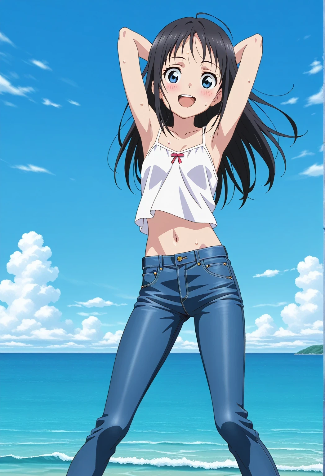 score_9, score_8_up, score_7_up, source_anime, highres, hi res, ((best quality, top quality, perfect quality, Highest Quality, amazing quality)), {{masterpiece}}, {{an extremely delicate and beautiful}}, 2d, intricate details, official style, anime, 8k, anime style, official_anime, official art, digital painting, cell shading, soft shading, high resolution, soothing tones, Subdued Color, Soft cinematic light, adobe lightroom, photolab, HDR, intricately and hyper-detailed, ((high quality animation)), 1 girl, Alone, solo, ((ocean)), tsunami, on the water, day, sunny, outdoors, sky, windy, hina_xl, 1girl, black hair, blue eyes, long hair, anime screencap, small breasts, white camisole top, crop top, white crop top, best quality, hyper-detailed jeans, ((blue jeans:1.9)), (dark blue jeans:0.6), full medium body, medium shot, Open mouth, smiling, happy face, blush, sweat, standing, ((arms behind head:6.0)), bowlegged, jumping pose, action, looking at viewer, spread legs, Bend knees slightly, straight-on front view