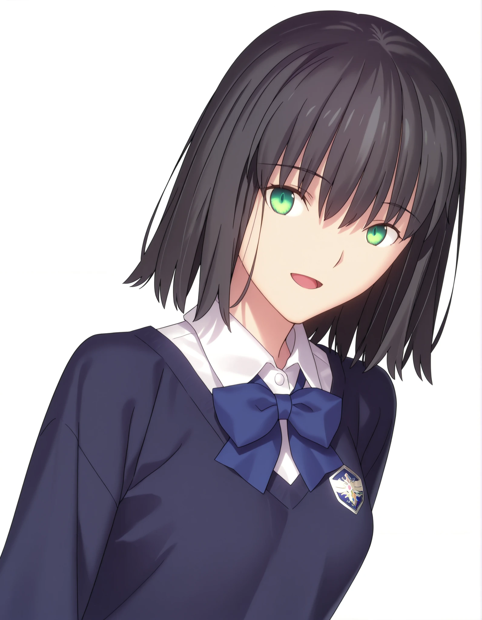 masterpiece, absurdres, highres, detailed background, high resolution, necessary, detail, best quality, quality, necessary, details, High details, Precise ,detailed face,
Takeuchi Takashi (type-moon,fate) style, 
solo, nsfw, 
official art,  minami kano, medium hair, , (light skin),
,  ((black hair)), long bangs, , blue and green eyes, (detailed beautiful eyes), bracelet, (three-quarter sleeves, sleeve cuffs, dark blue sweater, white shirt, collared shirt ,blue stripe bowtie), , dark gray skirt, pleated long skirt, , (small breasts), , (aged up:1.2),
no background, white background, 
solo, , upper body, looking at viewer, standing, join hands behind body, light smile, dutch angle, face close-up, open mouth, 