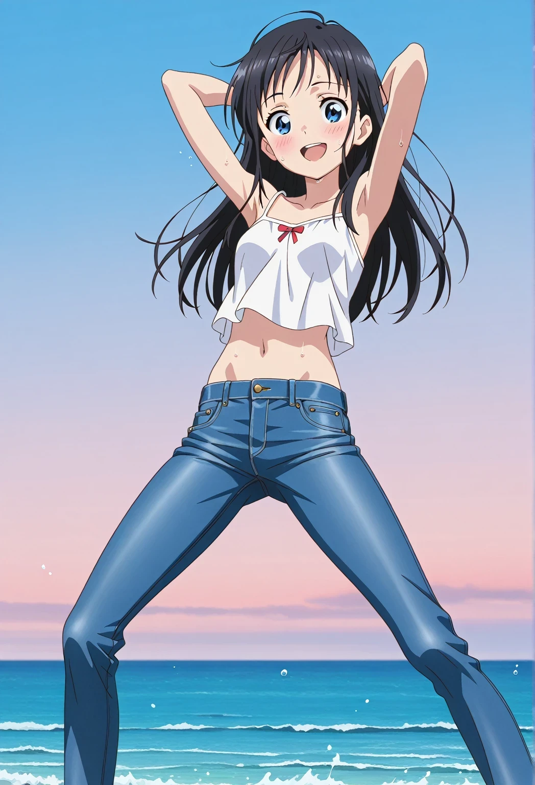 score_9, score_8_up, score_7_up, source_anime, highres, hi res, ((best quality, top quality, perfect quality, Highest Quality, amazing quality)), {{masterpiece}}, {{an extremely delicate and beautiful}}, 2d, intricate details, official style, anime, 8k, anime style, official_anime, official art, digital painting, cell shading, soft shading, high resolution, soothing tones, Subdued Color, Soft cinematic light, adobe lightroom, photolab, HDR, intricately and hyper-detailed, ((high quality animation)), 1 girl, Alone, solo, ((ocean)), tsunami, on the water, day, sunny, outdoors, sky, windy, hina_xl, 1girl, black hair, blue eyes, long hair, anime screencap, small breasts, white camisole top, crop top, white crop top, best quality, hyper-detailed jeans, ((blue jeans:1.9)), (dark blue jeans:0.6), full medium body, medium shot, Open mouth, smiling, happy face, blush, sweat, standing, ((arms behind head:6.0)), bowlegged, jumping pose, action, looking at viewer, spread legs, Bend knees slightly, straight-on front view