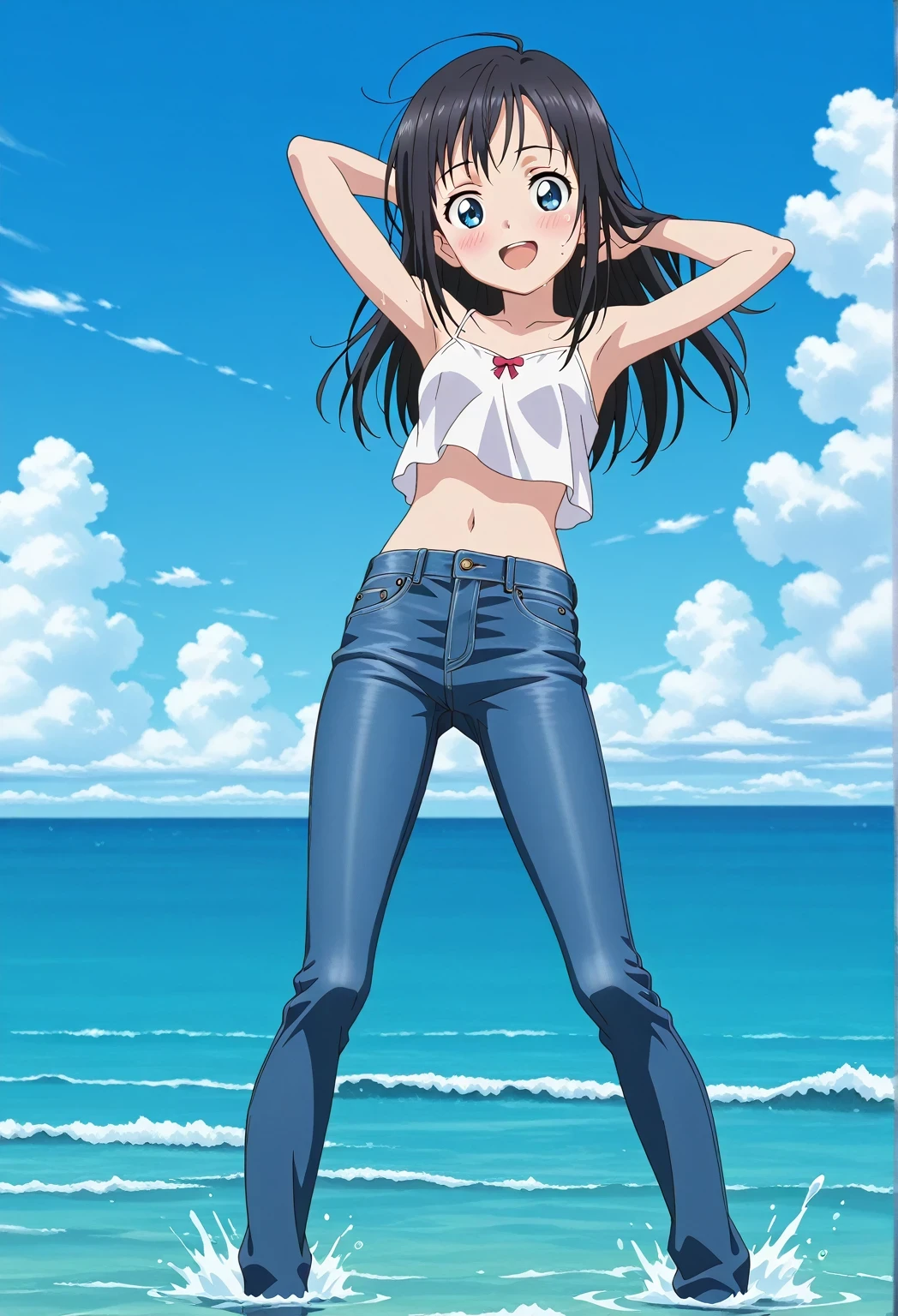 score_9, score_8_up, score_7_up, source_anime, highres, hi res, ((best quality, top quality, perfect quality, Highest Quality, amazing quality)), {{masterpiece}}, {{an extremely delicate and beautiful}}, 2d, intricate details, official style, anime, 8k, anime style, official_anime, official art, digital painting, cell shading, soft shading, high resolution, soothing tones, Subdued Color, Soft cinematic light, adobe lightroom, photolab, HDR, intricately and hyper-detailed, ((high quality animation)), 1 girl, Alone, solo, ((ocean)), tsunami, on the water, day, sunny, outdoors, sky, windy, hina_xl, 1girl, black hair, blue eyes, long hair, anime screencap, small breasts, white camisole top, crop top, white crop top, best quality, hyper-detailed jeans, ((blue jeans:1.9)), (dark blue jeans:0.6), full medium body, medium shot, Open mouth, smiling, happy face, blush, sweat, standing, ((arms behind head:6.0)), bowlegged, sliding pose, action, looking at viewer, spread legs, Bend knees slightly, straight-on front view