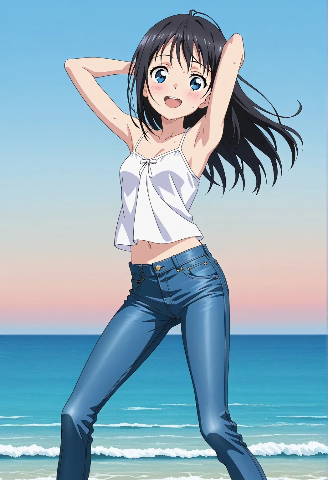 score_9, score_8_up, score_7_up, source_anime, highres, hi res, ((best quality, top quality, perfect quality, Highest Quality, amazing quality)), {{masterpiece}}, {{an extremely delicate and beautiful}}, 2d, intricate details, official style, anime, 8k, anime style, official_anime, official art, digital painting, cell shading, soft shading, high resolution, soothing tones, Subdued Color, Soft cinematic light, adobe lightroom, photolab, HDR, intricately and hyper-detailed, ((high quality animation)), 1 girl, Alone, solo, ((ocean)), tsunami, on the water, day, sunny, outdoors, sky, windy, hina_xl, 1girl, black hair, blue eyes, long hair, anime screencap, small breasts, white camisole top, crop top, white crop top, best quality, hyper-detailed jeans, ((blue jeans:1.9)), (dark blue jeans:0.6), full medium body, medium shot, Open mouth, smiling, happy face, blush, sweat, standing, ((arms behind head:6.0)), bowlegged, sliding pose, action, looking at viewer, spread legs, Bend knees slightly, straight-on front view
