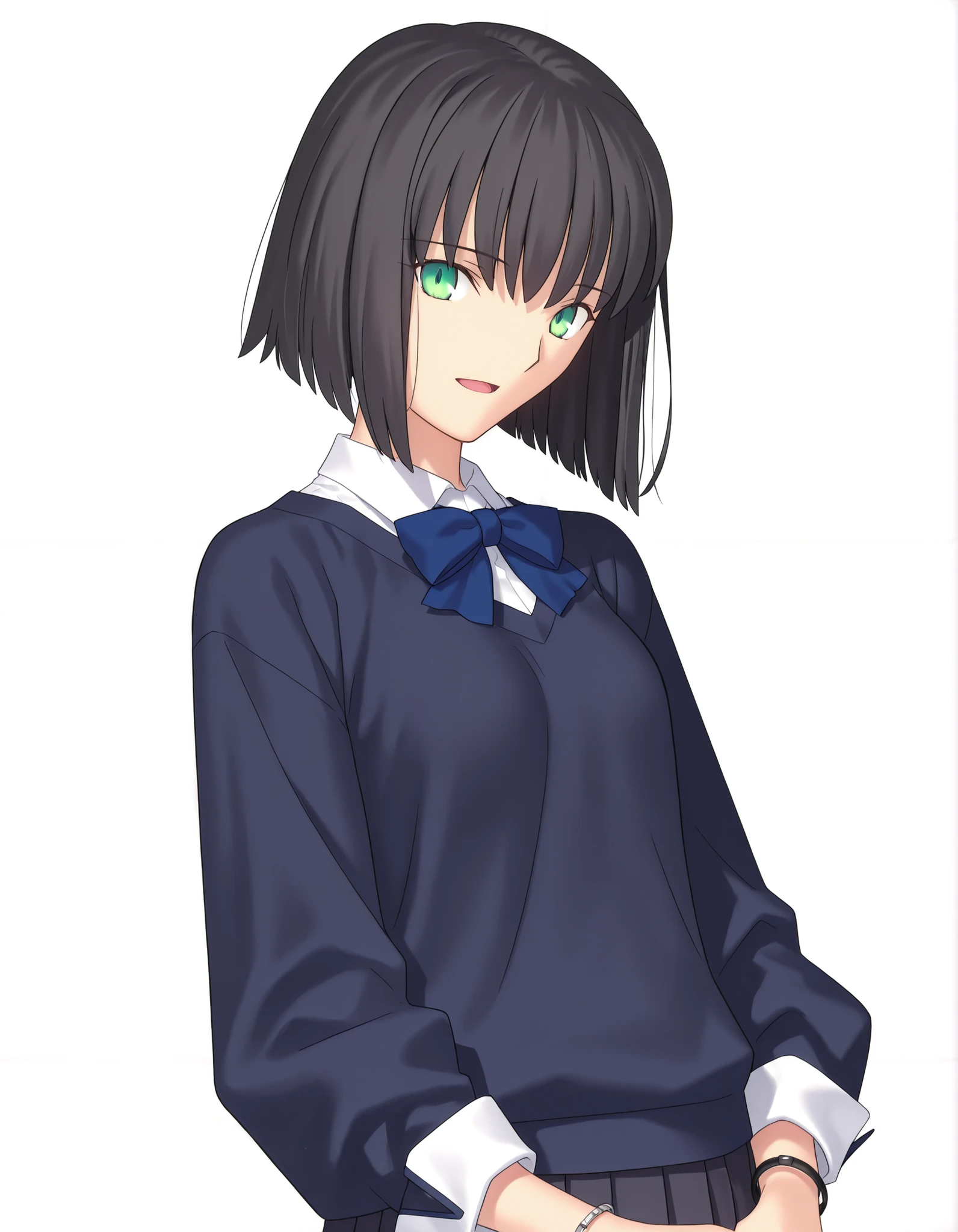 masterpiece, absurdres, highres, detailed background, high resolution, necessary, detail, best quality, quality, necessary, details, High details, Precise ,detailed face,
Takeuchi Takashi (type-moon,fate) style, 
solo, nsfw, 
official art,  <lora:Kano_Minami_ILXL:0 . 8> ,minami kano, medium hair,  , ((inverted bob)) , (light skin),
,  ((black hair)), long bangs, , blue and green eyes, (detailed beautiful eyes), bracelet, (three-quarter sleeves, sleeve cuffs, dark blue sweater, white shirt, collared shirt ,blue stripe bowtie), , dark gray skirt, pleated long skirt, , (small breasts), , (aged up:1.2),
no background, white background, 
solo, , upper body, looking at viewer, standing, join hands behind body, light smile, dutch angle, face close-up, open mouth, 