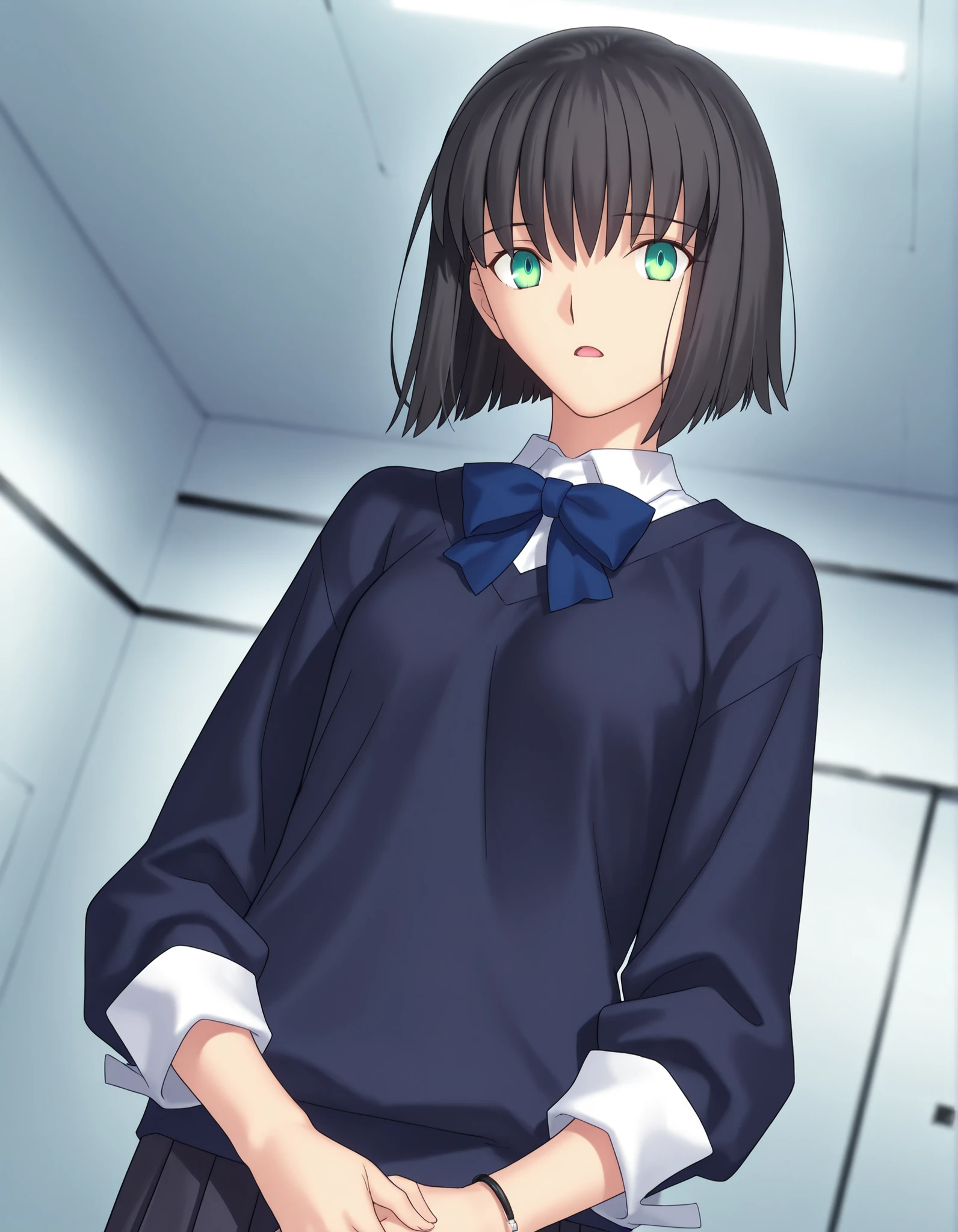 masterpiece, absurdres, highres, detailed background, high resolution, necessary, detail, best quality, quality, necessary, details, High details, Precise ,detailed face,
Takeuchi Takashi (type-moon,fate) style, 
solo, nsfw, 
official art,  <lora:Kano_Minami_ILXL:0 . 8> ,minami kano, medium hair,  , ((inverted bob)) , (light skin),
,  ((black hair)), long bangs, , blue and green eyes, (detailed beautiful eyes), (tareme) ,bracelet, (three-quarter sleeves, sleeve cuffs, dark blue sweater, white shirt, collared shirt ,blue stripe bowtie), , dark gray skirt, pleated long skirt, , (small breasts), , (aged up:1.2),
((detailed background)), indoors, 
solo, , upper body, looking at viewer, standing, join hands behind body, parted lip, dutch angle, face close-up, open mouth, 