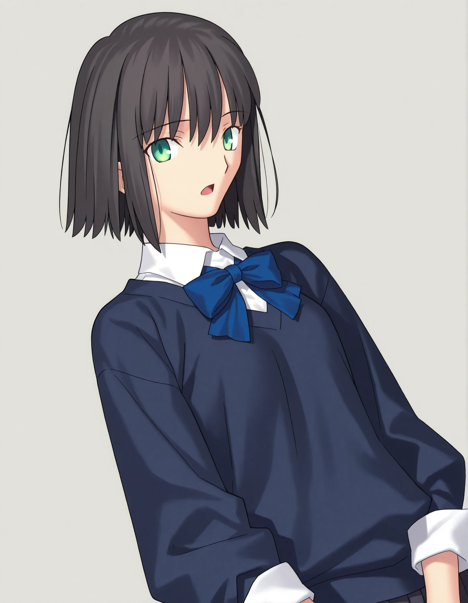 masterpiece, absurdres, highres, detailed background, high resolution, necessary, detail, best quality, quality, necessary, details, High details, Precise ,detailed face,
Takeuchi Takashi (type-moon,fate) style, 
solo, nsfw, 
official art,  <lora:Kano_Minami_ILXL:0 . 8> ,minami kano, medium hair,  , ((inverted short cut hair)) ,(long sidelocks), (light skin),
,  ((black hair)), long bangs, , blue and green eyes, (detailed beautiful eyes), (tareme) ,bracelet, (three-quarter sleeves, sleeve cuffs, dark blue sweater, white shirt, collared shirt ,blue stripe bowtie), , dark gray skirt, pleated long skirt, , (small breasts), , (aged up:1.2),
no background, white background, 
solo, , upper body, looking at viewer, standing, join hands behind body, parted lip, dutch angle, face close-up, open mouth, 