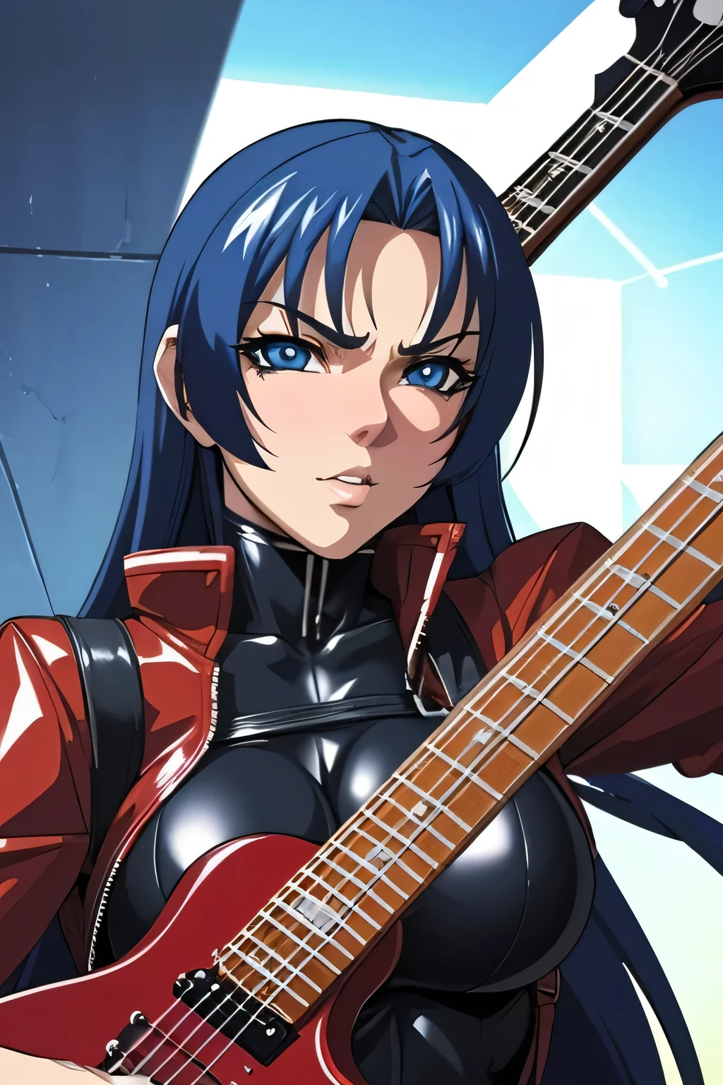anime style, upper body portrait, slender pale-skinned deep blue-haired female cult rock guitarist, striking sky-blue eyes burning with (((madness))), wearing sexy black and red rock outfit (leather jacket, mesh tights, straps), cold but intense gaze, holding electric guitar, photorealistic anime lighting, masterpiece, 8k, high quality, depth of field, atmosphere of mesmerizing insanity and control