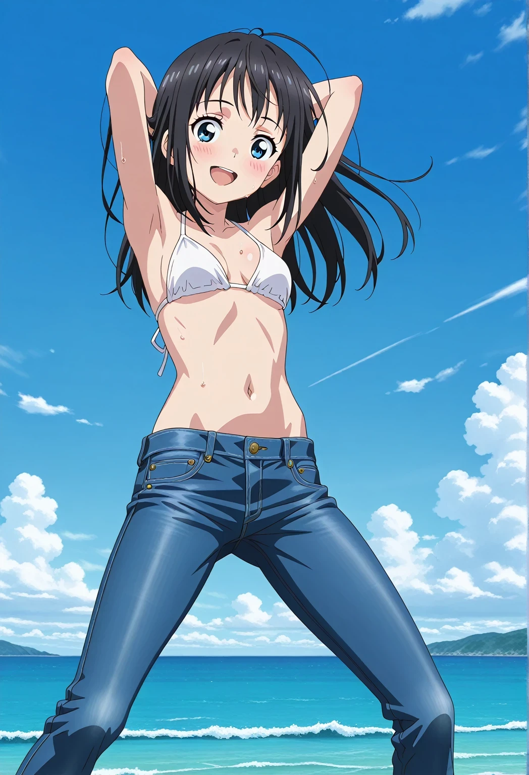 score_9, score_8_up, score_7_up, source_anime, highres, hi res, ((best quality, top quality, perfect quality, Highest Quality, amazing quality)), {{masterpiece}}, {{an extremely delicate and beautiful}}, 2d, intricate details, official style, anime, 8k, anime style, official_anime, official art, digital painting, cell shading, soft shading, high resolution, soothing tones, Subdued Color, Soft cinematic light, adobe lightroom, photolab, HDR, intricately and hyper-detailed, ((high quality animation)), 1 girl, Alone, solo, ((ocean)), tsunami, on the water, day, sunny, outdoors, sky, windy, hina_xl, 1girl, black hair, blue eyes, long hair, anime screencap, small breasts, white bikini top, best quality, hyper-detailed jeans, ((blue jeans:1.9)), (dark blue jeans:0.6), full medium body, medium shot, Open mouth, smiling, happy face, blush, sweat, standing, ((arms behind head:6.0)), bowlegged, sliding pose, action, looking at viewer, spread legs, Bend knees slightly, straight-on front view
