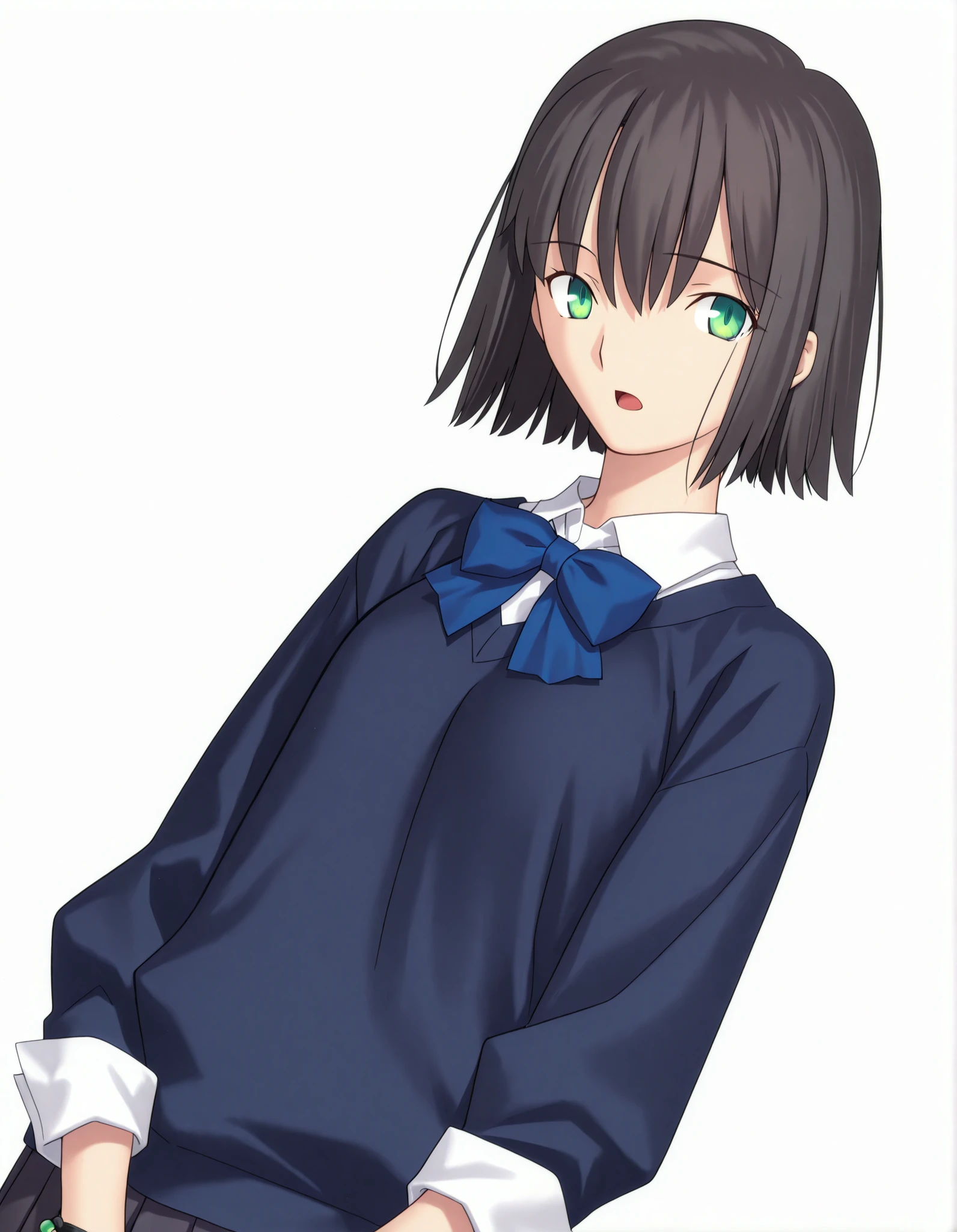 masterpiece, absurdres, highres, detailed background, high resolution, necessary, detail, best quality, quality, necessary, details, High details, Precise ,detailed face,
Takeuchi Takashi (type-moon,fate) style, 
solo, nsfw, 
official art,  <lora:Kano_Minami_ILXL:0 . 8> ,minami kano, medium hair,  , ((inverted short cut hair)) ,(long sidelocks), (light skin),
,  ((black hair)), long bangs, , blue and green eyes, (detailed beautiful eyes), (tareme) ,bracelet, (three-quarter sleeves, sleeve cuffs, dark blue sweater, white shirt, collared shirt ,blue stripe bowtie), , dark gray skirt, pleated long skirt, , (small breasts), , (aged up:1.2),
no background, white background, 
solo, , upper body, looking at viewer, standing, join hands behind body, parted lip, dutch angle, face close-up, open mouth, 