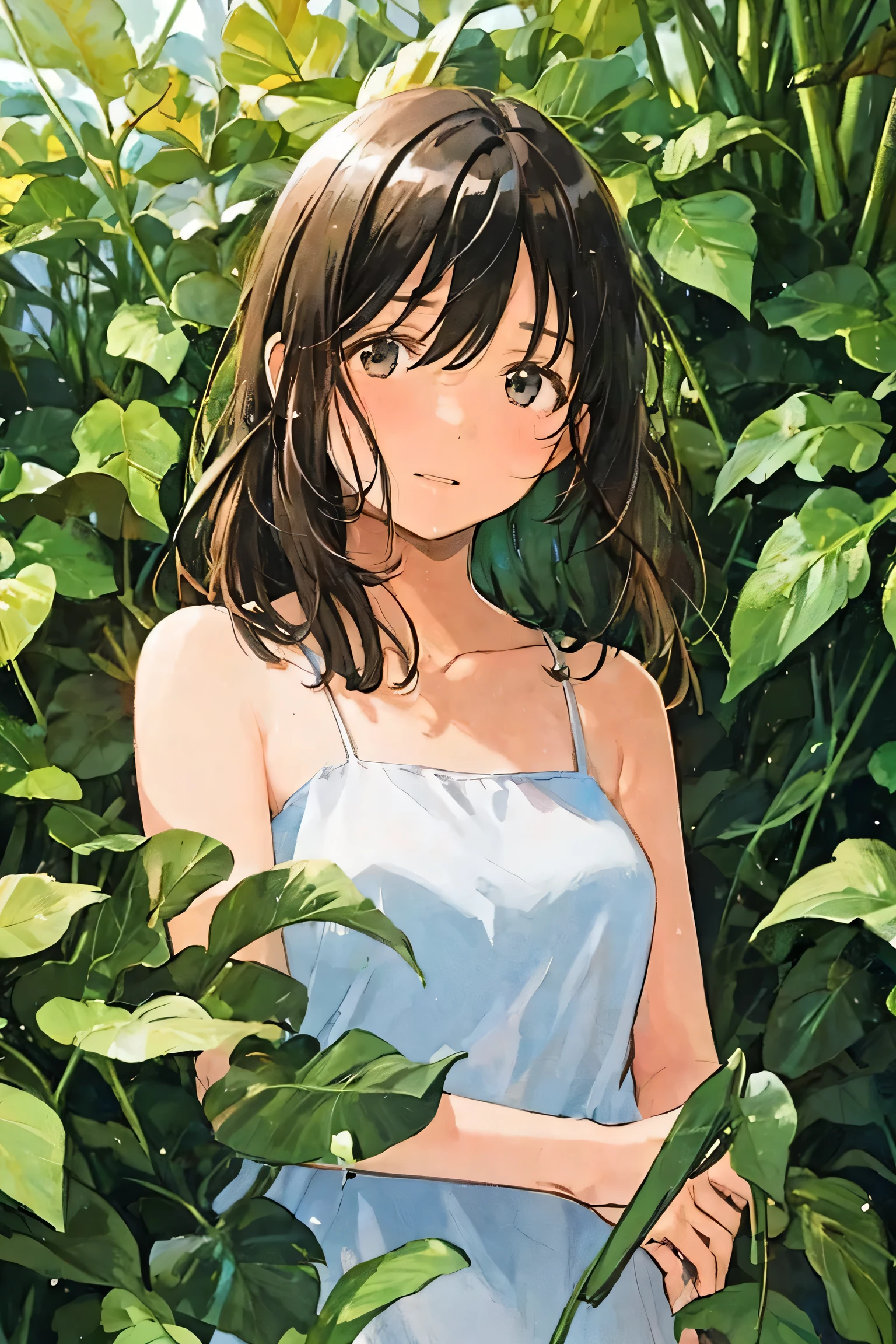 girl,bamboo,bangs,bare arms,bare shoulders,black hair,blush,branch,brown eyes,brown hair,collarbone,dress,flower,flower pot,grass,green wings,holding,holding leaf,ivy,jungle,ladybug,leaf,lily \(flower\),lily of the valley,lily pad,long hair,morning glory,palm leaf,palm tree,parted lips,plant,potted plant,seaweed,sleeveless,sleeveless dress,solo,sundress,tanabata,tanzaku,tulip,upper body,vines,wheat,white dress