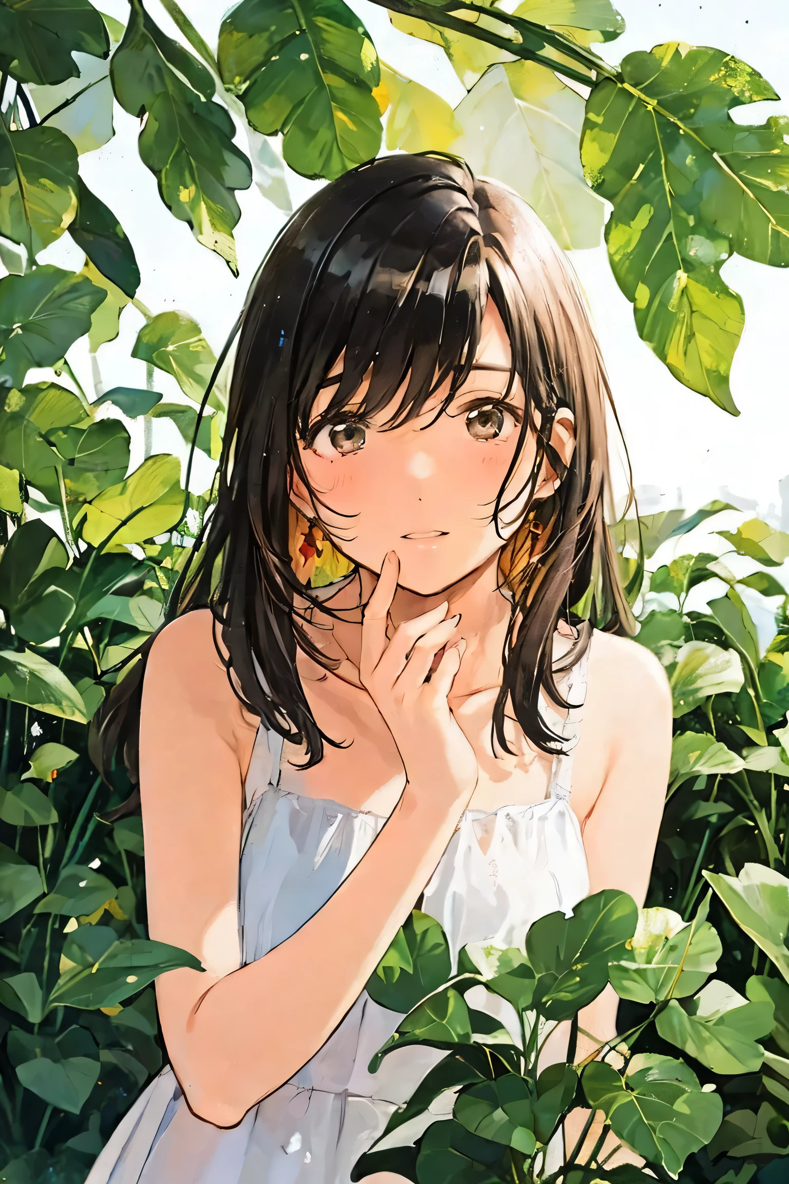 girl,bamboo,bangs,bare arms,bare shoulders,black hair,blush,branch,brown eyes,brown hair,collarbone,dress,flower,flower pot,grass,green wings,holding,holding leaf,ivy,jungle,ladybug,leaf,lily \(flower\),lily of the valley,lily pad,long hair,morning glory,palm leaf,palm tree,parted lips,plant,potted plant,seaweed,sleeveless,sleeveless dress,solo,sundress,tanabata,tanzaku,tulip,upper body,vines,wheat,white dress