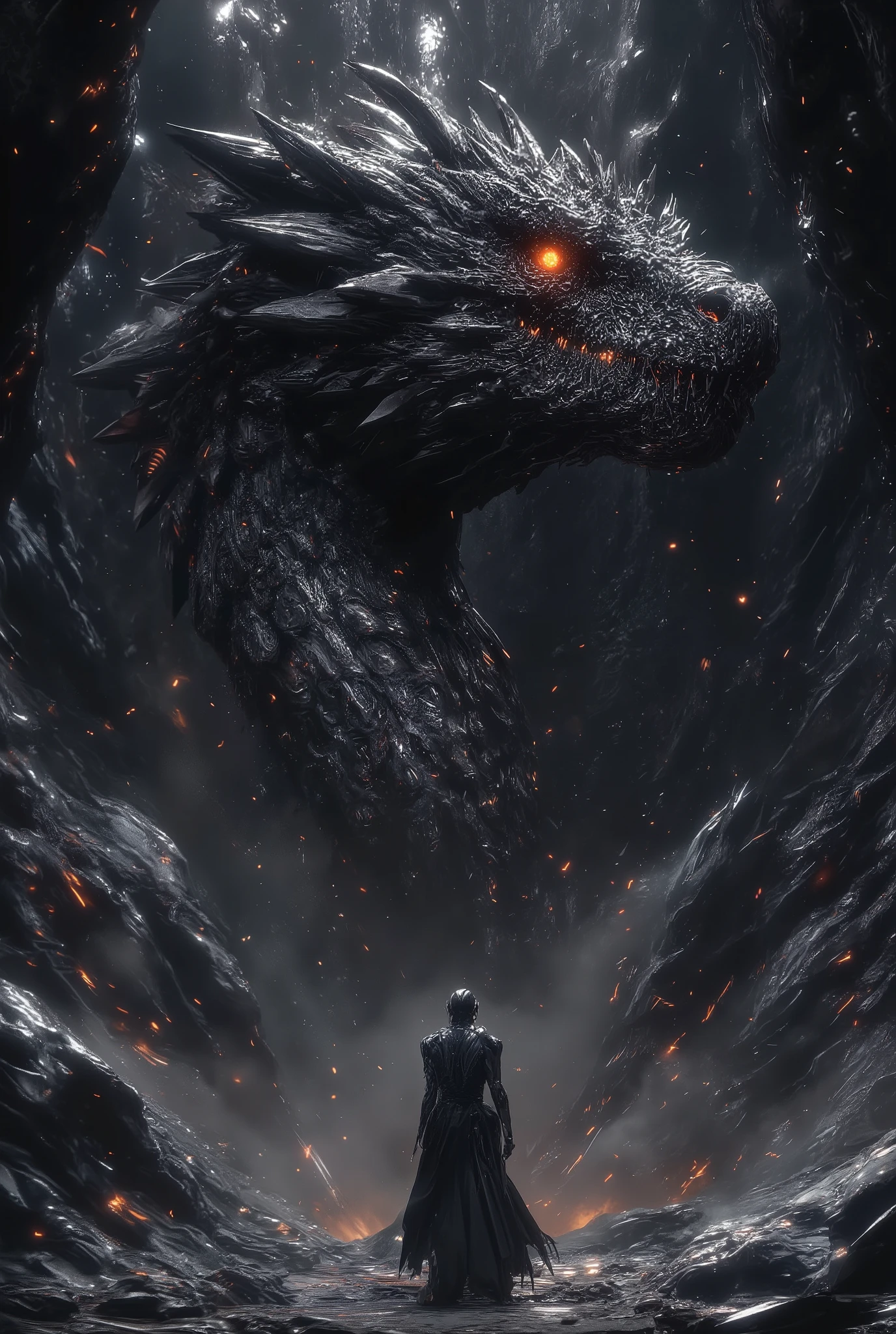 ((Ultra-cinematic, IMAX framing, high-detail)) Deep within a colossal cavern, a mountain rumbles as cracks of molten light split across ancient stone. Camera pans upward — from trembling stalagmites to a dragon’s eye opening, glowing like a dying sun. Dust and rock cascades as the beast unfurls wings the size of cathedrals. Sparks rain down, illuminating its obsidian scales. The shot captures pure reverence and terror as the world’s oldest god awakens.