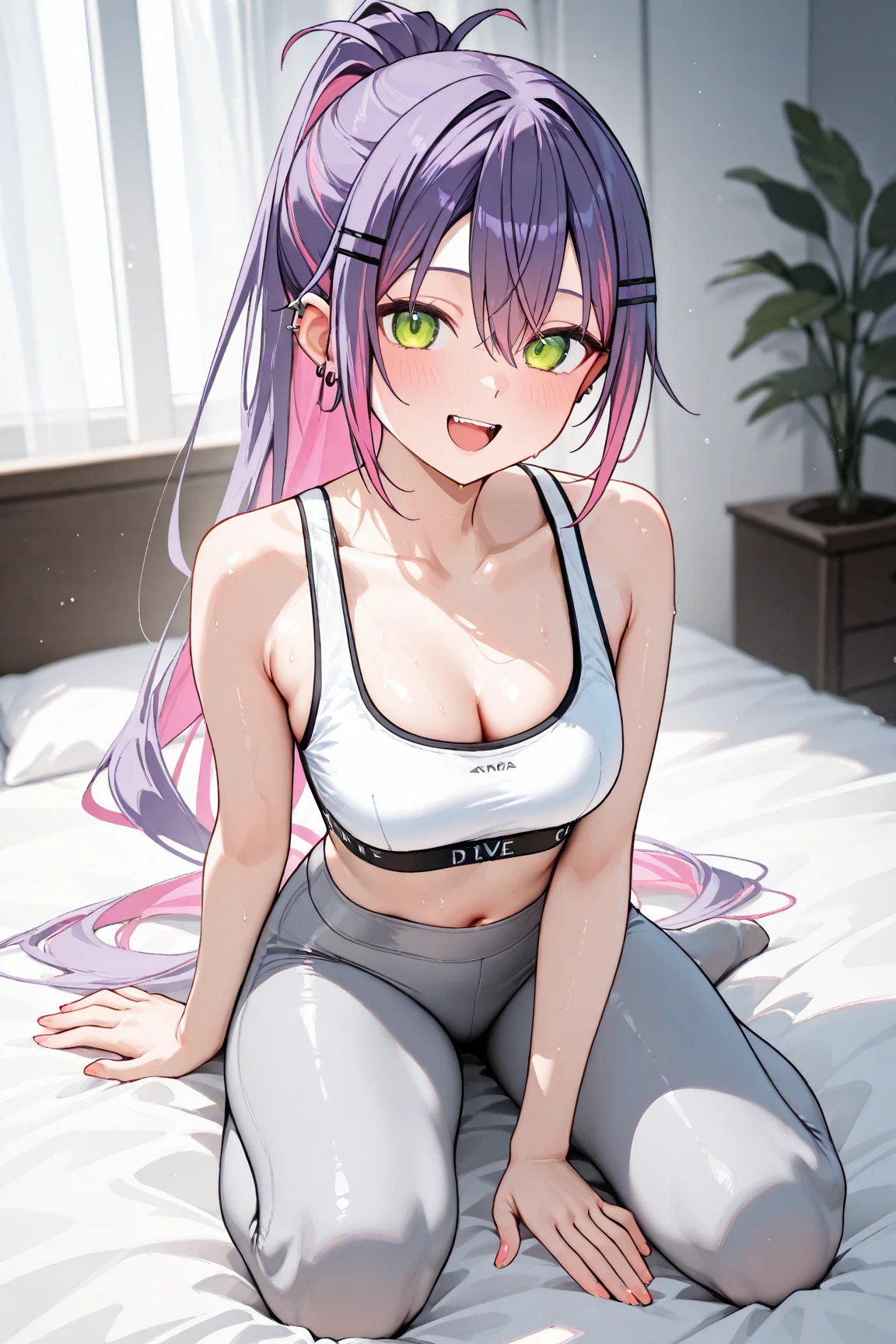 white and pink sports bra、Black open jersey、Dark bedroom at night、Sexy evil smile、Evil Female Executives、Adult、Sexy pose、Kneel、Amitants