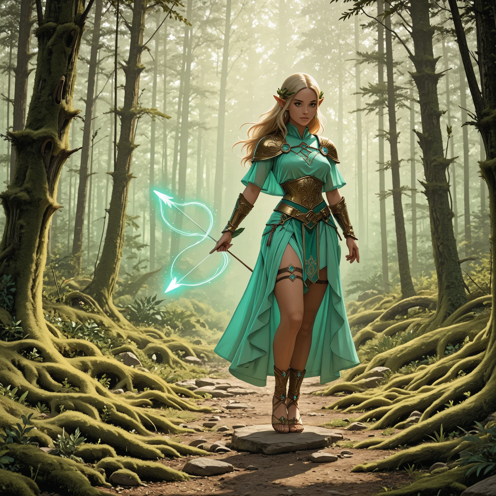 The Serene Archer of the Emerald Forest
((Absolute masterpiece)), ((8K HDR)), ((RAW hyperrealism)), ((ultra detailed:1.3)), ((fantasy cinematic lighting)), full-body portrait of a mystically serene and breathtakingly gorgeous elf woman in mid-motion as she fires a glowing arrow with poised precision in the heart of a moss-covered, ancient Irish forest.
She has a voluptuous, athletic frame — her sculpted body both graceful and powerful, her busty silhouette highlighted by the tautness of her archer’s stance. Her long hair, flowing like moonlight-kissed silver, dances with the breeze. Her eyes — glowing soft jade green — are locked onto her unseen target with tranquil intensity.
She wears intricately woven elven armor made from enchanted natural materials: moss-threaded leather, glistening fern-like shoulder guards, and subtle Celtic knot patterns etched into her thigh straps and gauntlets. Her bare legs are toned and earthy, grounded like a huntress-goddess of the land.
Around her, soft ethereal mist floats between mossy tree roots and emerald-hued ferns. A shaft of divine light pierces the forest canopy, illuminating the arrow’s magic just as she releases it — time frozen in a moment of mythic beauty and primal focus.
((lush ancient Irish forest)), ((mossy rocks and damp trees)), ((soft glowing mist)), ((motion realism)), ((volumetric lighting)), ((sharp focus on bow, arrow, face, legs)), ((tranquil and mystical atmosphere)), ((faint magical energy trail)), ((fantasy elegance)), ((goddess-like presence)), ((archer in mid-action)), ((RAW image, photoreal fantasy art)), ((breathtaking realism))