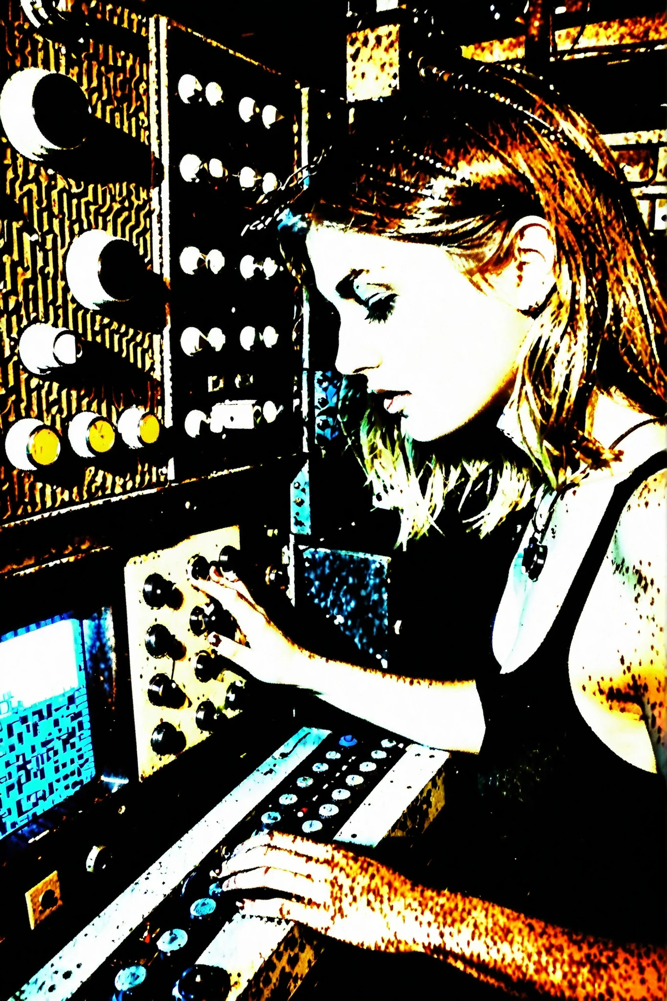 found footage, analog film noise,
a sexy young woman is programming a rusty old machine with knobs and switches and glowing electronics