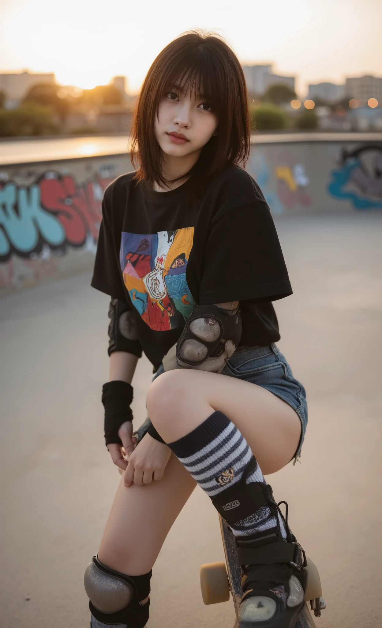 RAW photo, masterpiece, best quality, ultra highres, ultra-detailed, photorealistic, professional photography, cute skateboarder girl with shoulder-length wavy hair, wearing casual streetwear outfit with oversized graphic t-shirt, high-waisted shorts, striped knee-high socks, complete with safety equipment including knee pads, elbow pads, and wrist guards, captured from three-quarter view angle, natural outdoor lighting with golden hour warmth, urban skate park setting with graffiti elements in background, shot on professional DSLR camera with 50mm f/1.4 lens, shallow depth of field with subtle background blur, beautiful bokeh effect from distant city lights, perfect exposure highlighting subject against environment, tack-sharp focus on face and skateboard details, professional color grading with vibrant yet natural tones, photorealistic texture detail in clothing and protective gear, dynamic composition following rule of thirds, authentic skating pose showing confidence and skill
