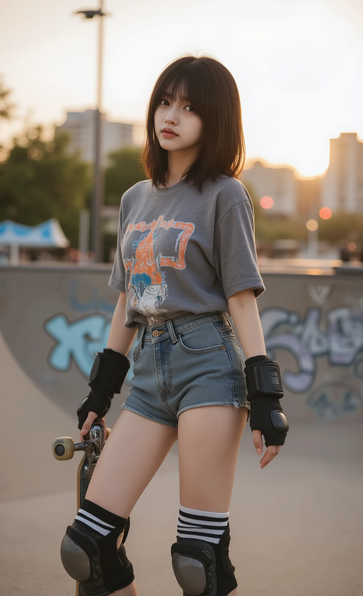 RAW photo, masterpiece, best quality, ultra highres, ultra-detailed, photorealistic, professional photography, cute skateboarder girl with shoulder-length wavy hair, wearing casual streetwear outfit with oversized graphic t-shirt, high-waisted shorts, striped knee-high socks, complete with safety equipment including knee pads, elbow pads, and wrist guards, captured from three-quarter view angle, natural outdoor lighting with golden hour warmth, urban skate park setting with graffiti elements in background, shot on professional DSLR camera with 50mm f/1.4 lens, shallow depth of field with subtle background blur, beautiful bokeh effect from distant city lights, perfect exposure highlighting subject against environment, tack-sharp focus on face and skateboard details, professional color grading with vibrant yet natural tones, photorealistic texture detail in clothing and protective gear, dynamic composition following rule of thirds, authentic skating pose showing confidence and skill