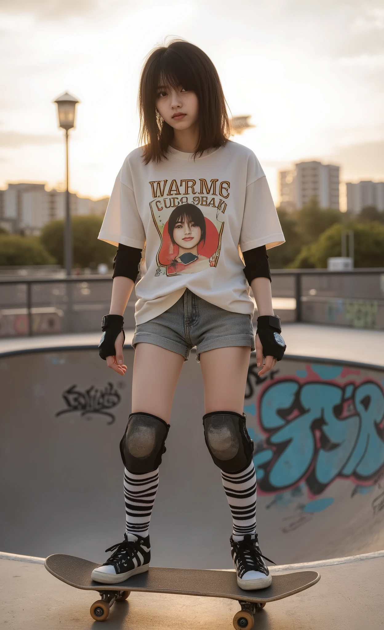 RAW photo, masterpiece, best quality, ultra highres, ultra-detailed, photorealistic, professional photography, cute skateboarder girl with shoulder-length wavy hair, wearing casual streetwear outfit with oversized graphic t-shirt, high-waisted shorts, striped knee-high socks, complete with safety equipment including knee pads, elbow pads, and wrist guards, captured from three-quarter view angle, natural outdoor lighting with golden hour warmth, urban skate park setting with graffiti elements in background, shot on professional DSLR camera with 50mm f/1.4 lens, shallow depth of field with subtle background blur, beautiful bokeh effect from distant city lights, perfect exposure highlighting subject against environment, tack-sharp focus on face and skateboard details, professional color grading with vibrant yet natural tones, photorealistic texture detail in clothing and protective gear, dynamic composition following rule of thirds, authentic skating pose showing confidence and skill