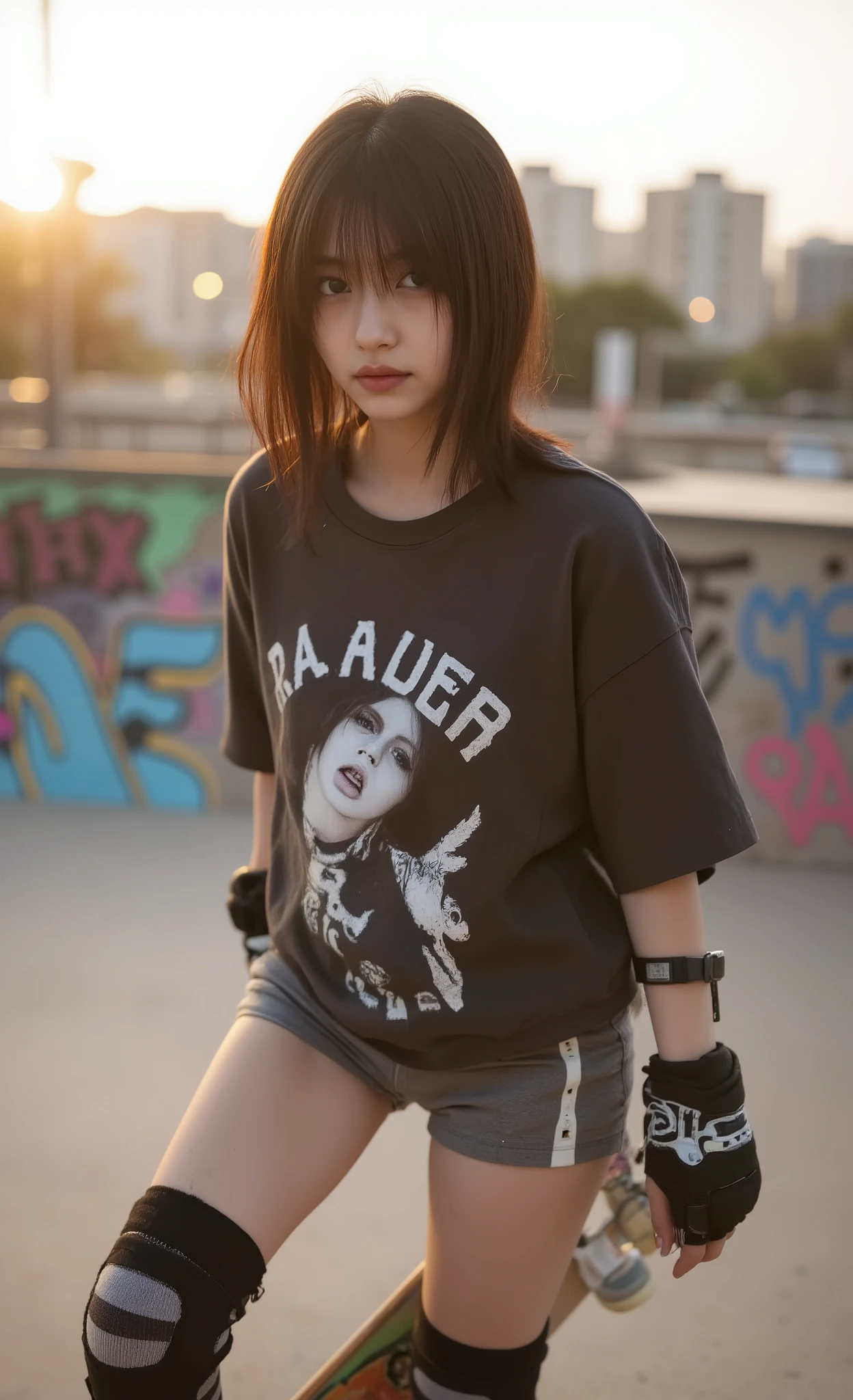 RAW photo, masterpiece, best quality, ultra highres, ultra-detailed, photorealistic, professional photography, cute skateboarder girl with shoulder-length wavy hair, wearing casual streetwear outfit with oversized graphic t-shirt, high-waisted shorts, striped knee-high socks, complete with safety equipment including knee pads, elbow pads, and wrist guards, captured from three-quarter view angle, natural outdoor lighting with golden hour warmth, urban skate park setting with graffiti elements in background, shot on professional DSLR camera with 50mm f/1.4 lens, shallow depth of field with subtle background blur, beautiful bokeh effect from distant city lights, perfect exposure highlighting subject against environment, tack-sharp focus on face and skateboard details, professional color grading with vibrant yet natural tones, photorealistic texture detail in clothing and protective gear, dynamic composition following rule of thirds, authentic skating pose showing confidence and skill