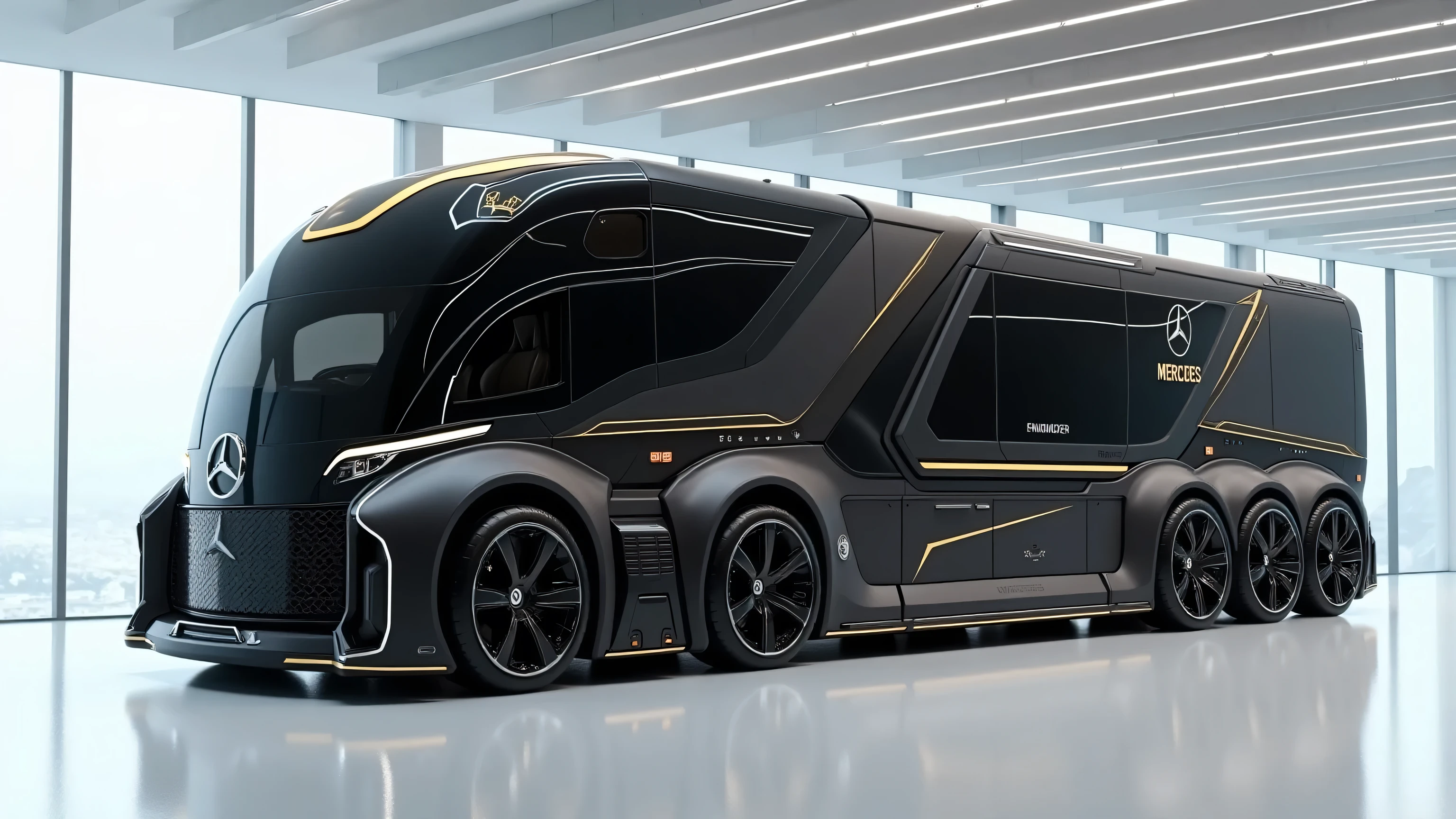 A futuristic luxury motorhome designed by Mercedes, with an ultra-modern armored and angular design. The motorhome is matte black with gold accents. It has six large wheels on each side (12 wheels total), with deep black rims. The front of the motorhome is sleek and aerodynamic, with sharp, angular edges. The windshield is a large, glossy black panel with the Mercedes-Benz logo in white at the center front. The headlights are narrow, futuristic LED strips integrated into the bodywork.

The side of the motorhome has multiple small rectangular windows, outlined with metallic detailing. On the side, the word 'MERCEDES' is written in bold, gold futuristic font, along with a sharp, crown-like golden emblem. There are several compartments and storage panels along the lower side of the vehicle, giving it an armored, high-tech look.

The motorhome is parked inside a modern luxury showroom. The showroom has a bright white polished floor that reflects the motorhome. The background consists of large floor-to-ceiling glass walls, allowing natural light to flood in. The ceiling has minimalist, sleek linear LED lights running parallel across it. The environment feels premium, clean, and futuristic, emphasizing the cutting-edge design of the vehicle.