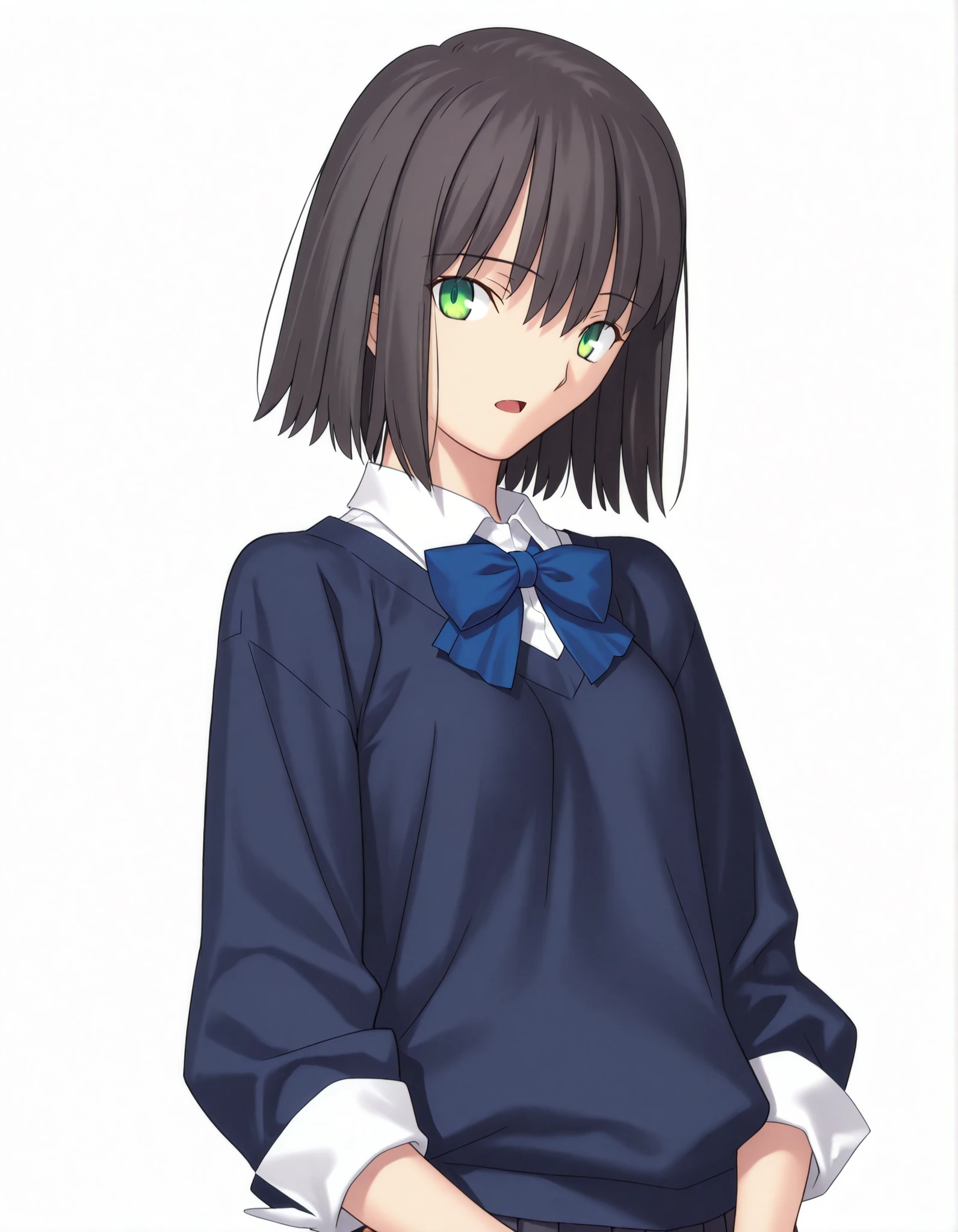 masterpiece, absurdres, highres, detailed background, high resolution, necessary, detail, best quality, quality, necessary, details, High details, Precise ,detailed face,
Takeuchi Takashi (type-moon,fate) style, 
solo, nsfw, 
official art,  <lora:Kano_Minami_ILXL:0 . 8> ,minami kano, medium hair,  , ((inverted short cut hair)) ,(long sidelocks), (light skin),
,  ((black hair)), long bangs, , yellow and dark green eyes, (detailed beautiful eyes), (tareme) ,bracelet, (three-quarter sleeves, sleeve cuffs, dark blue sweater, white shirt, collared shirt ,blue stripe bowtie), , dark gray skirt, pleated long skirt, , (small breasts), , (aged up:1.2),
no background, white background, 
solo, , upper body, looking at viewer, standing, join hands behind body, parted lip, dutch angle, face close-up, open mouth, 