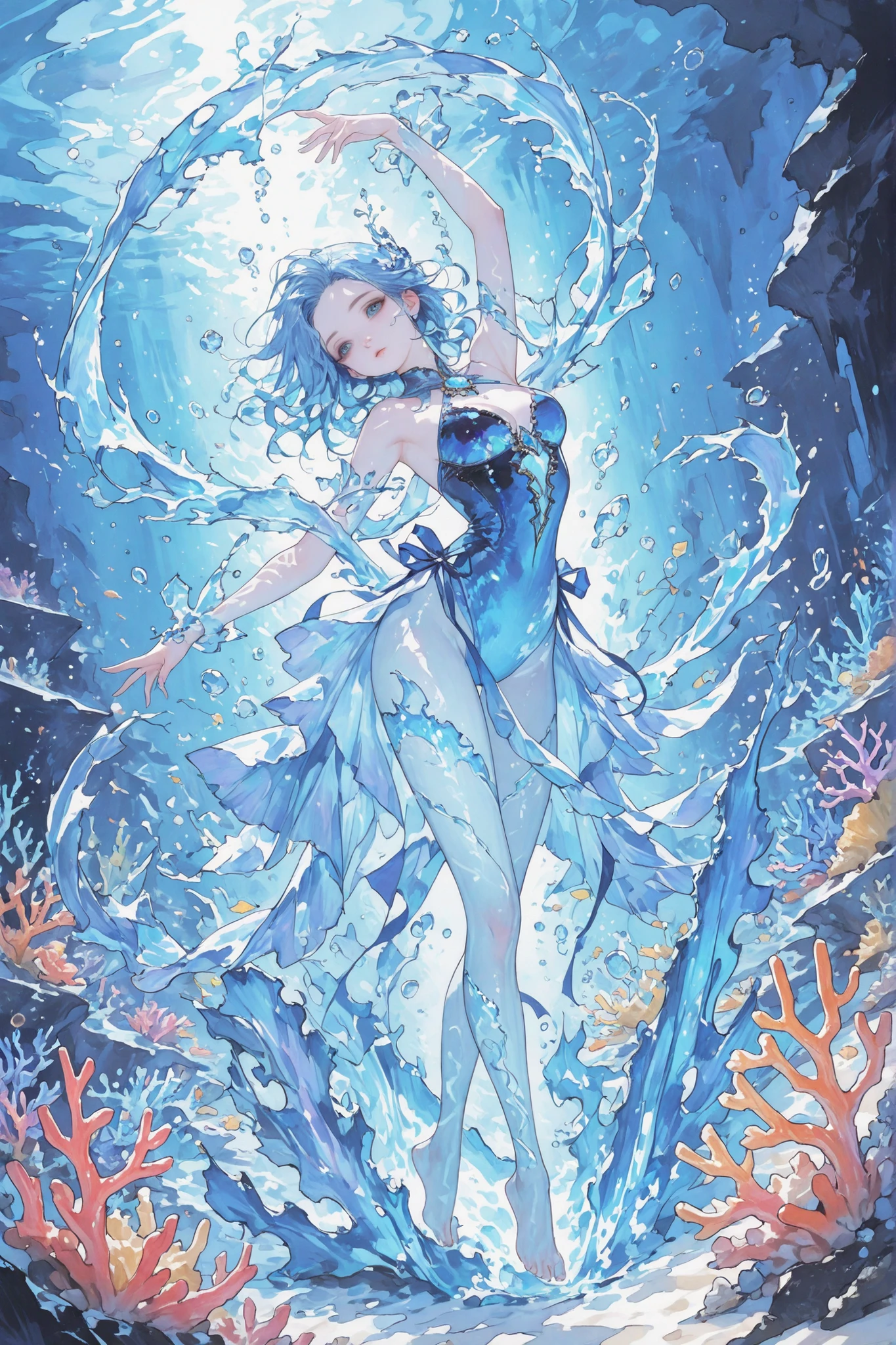 1girl, ((2/3body:1.4))、gem, beautiful blue hair, with ribbons in their hair,deep blue eyes, dance, water bender, she rules the water, Creates glowing water swirls in the background , , fantasy underwater background, fantastic underwater creatures in the background, Glowing Coral, masterpiece,Highest Quality,amazing quality,very aesthetic,Ridiculous,Newest,Delicate watercolor painting 、detail down to the smallest detail、very detailed