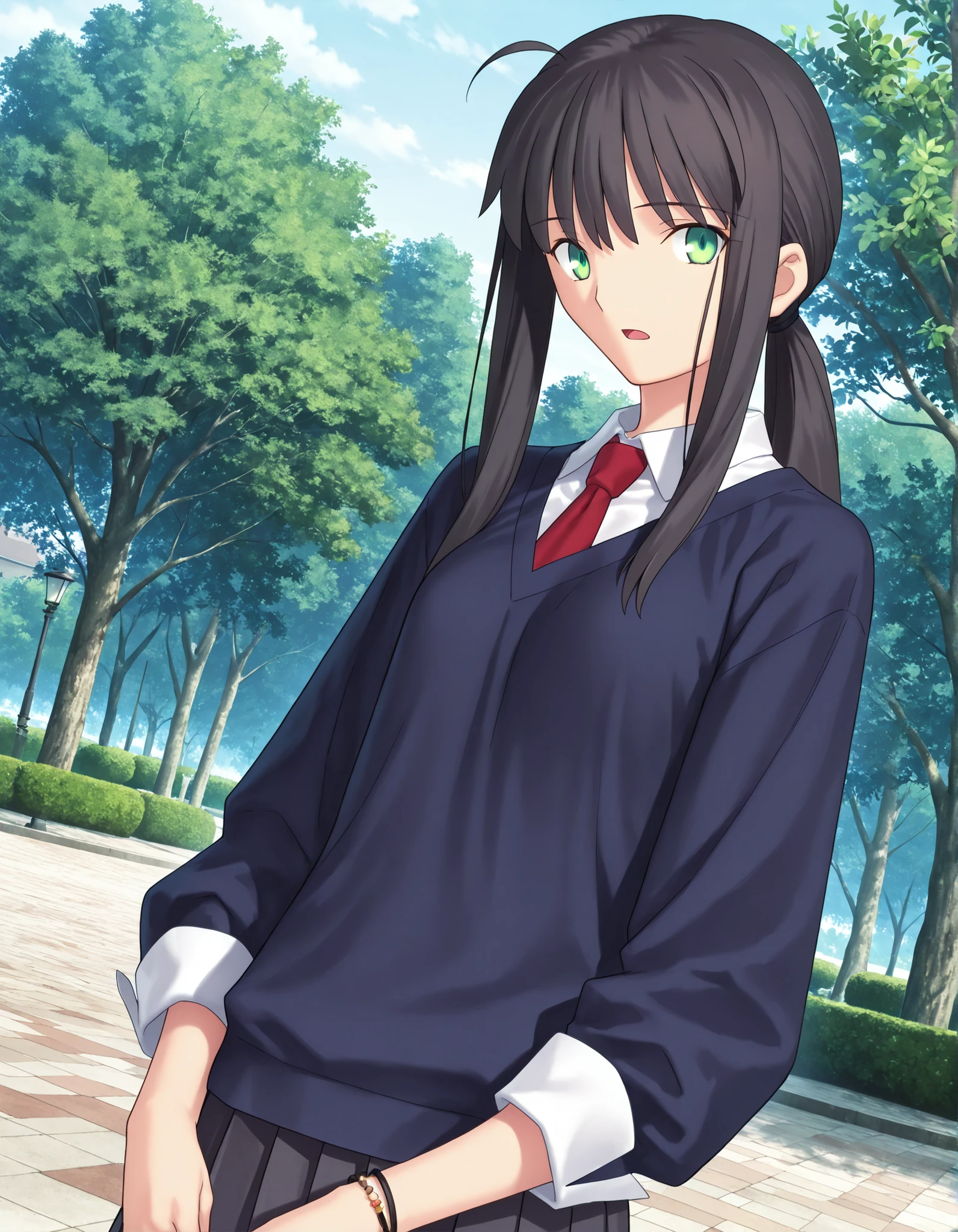 masterpiece, absurdres, highres, detailed background, high resolution, necessary, detail, best quality, quality, necessary, details, High details, Precise ,detailed face,
Takeuchi Takashi (type-moon,fate) style, 
solo, nsfw, 
official art,  <lora:Kano_Minami_ILXL:0 . 8> ,minami kano, semi long hair,  , ((long sidelocks)), low ponytail, (light skin),
,  ((black hair)), long bangs, , yellow and green eyes, (detailed beautiful eyes), (tareme) ,bracelet, (three-quarter sleeves, sleeve cuffs, dark blue sweater, white shirt, collared shirt ,red stripe necktie), , dark gray skirt, pleated long skirt, , (small breasts), , (aged up:1.2),
((detailed background)), outdoors, park,
solo, , upper body, looking at viewer, standing, join hands behind body, parted lip, dutch angle, face close-up, open mouth, 