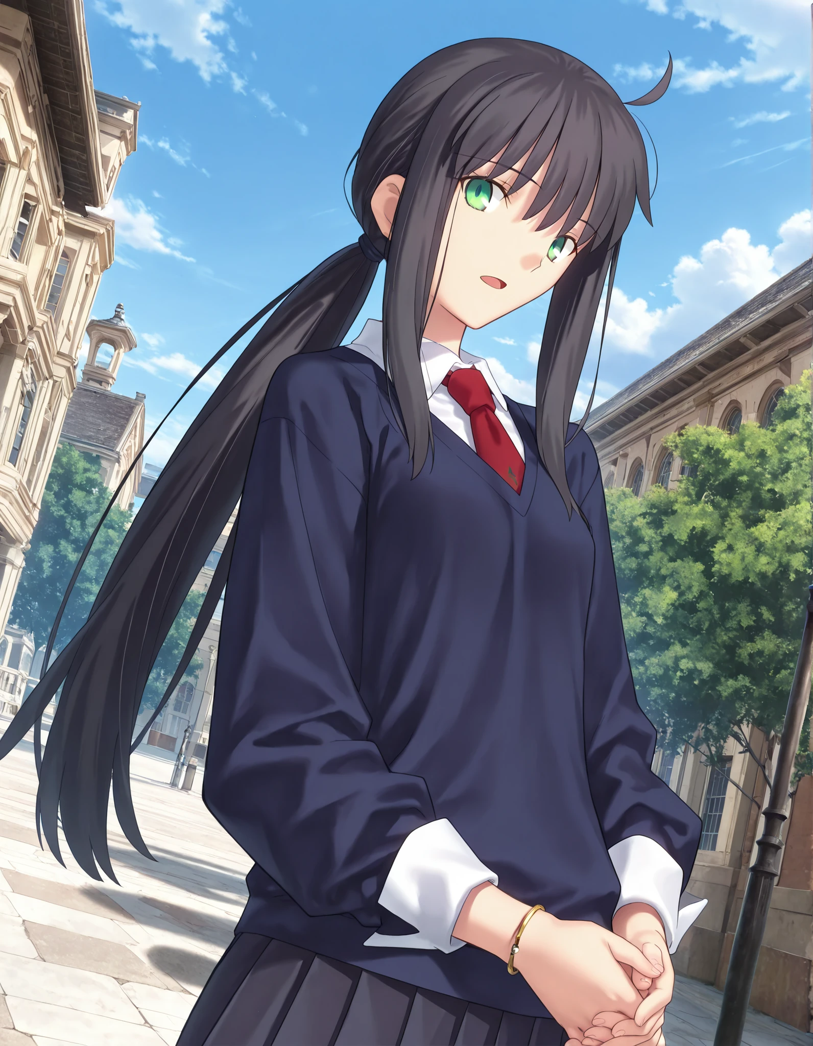 masterpiece, absurdres, highres, detailed background, high resolution, necessary, detail, best quality, quality, necessary, details, High details, Precise ,detailed face,
Takeuchi Takashi (type-moon,fate) style, 
solo, nsfw, 
official art,  <lora:Kano_Minami_ILXL:0 . 8> ,minami kano, semi long hair,  , ((long sidelocks)), low ponytail, (light skin),
,  ((black hair)), long bangs, , yellow and green eyes, (detailed beautiful eyes), (tareme) ,bracelet, (three-quarter sleeves, sleeve cuffs, dark blue sweater, white shirt, collared shirt ,red stripe necktie), , dark gray skirt, pleated long skirt, , (small breasts), , (aged up:1.2),
((detailed background)), outdoors, school,
solo, , upper body, looking at viewer, standing, join hands behind body, parted lip, dutch angle, face close-up, open mouth, 