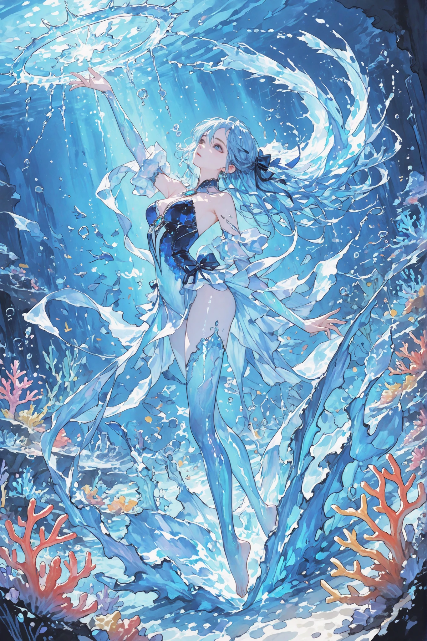 1girl, ((1/2body:1.4))、gem, beautiful blue hair, with ribbons in their hair,deep blue eyes, dance, water bender, she rules the water, Creates glowing water swirls in the background , , fantasy underwater background, fantastic underwater creatures in the background, Glowing Coral, masterpiece,Highest Quality,amazing quality,very aesthetic,Ridiculous,Newest,Delicate watercolor painting 、detail down to the smallest detail、very detailed