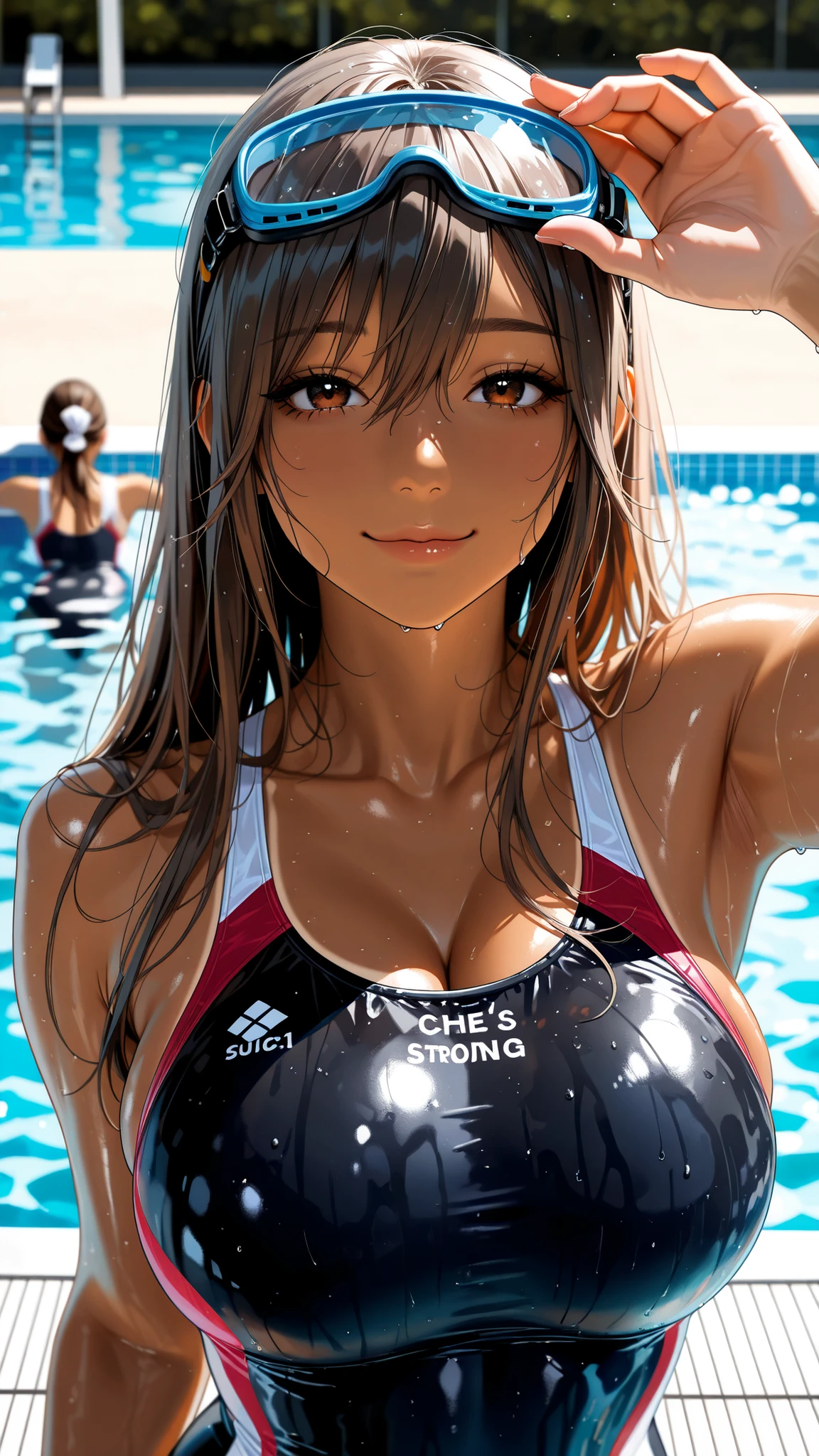 beautiful illustration, Haruna, haruna, Haruna, (masterpiece, detail:1.2), maorix, front view, score_9, score_8_up, score_7_up, score_6_up, score_5_up, close-up:1.21, Perfect configuration, super quality, 8k, super quality, beautiful Japanese woman, careful bright dark brown eyes, high resolution, Upper body angle, anatomically correct ratio :1.331, Tiny Head :1.331, tanned skin, intricate, beautiful eyes like camera lenses,light brown hair, (She's a strong swimmer belonging to a high school swim club:1.2), Quick-drying, shiny wetsuit in three colors, Newest High Performance Swimsuit , Cover your hair with a swimming cap, high spec swimming goggles, Swimming, (wears a competitive swimsuit that fits her body, which is a swim team uniform:1.2), (Extremely Big Breasts, Fat, muscular), slim waist, ( So beautiful, very cute and cool face :1.2), long bangs:1.331, detailed skin, detailed face, careful bright dark brown eyes, The viewer looks up at her,