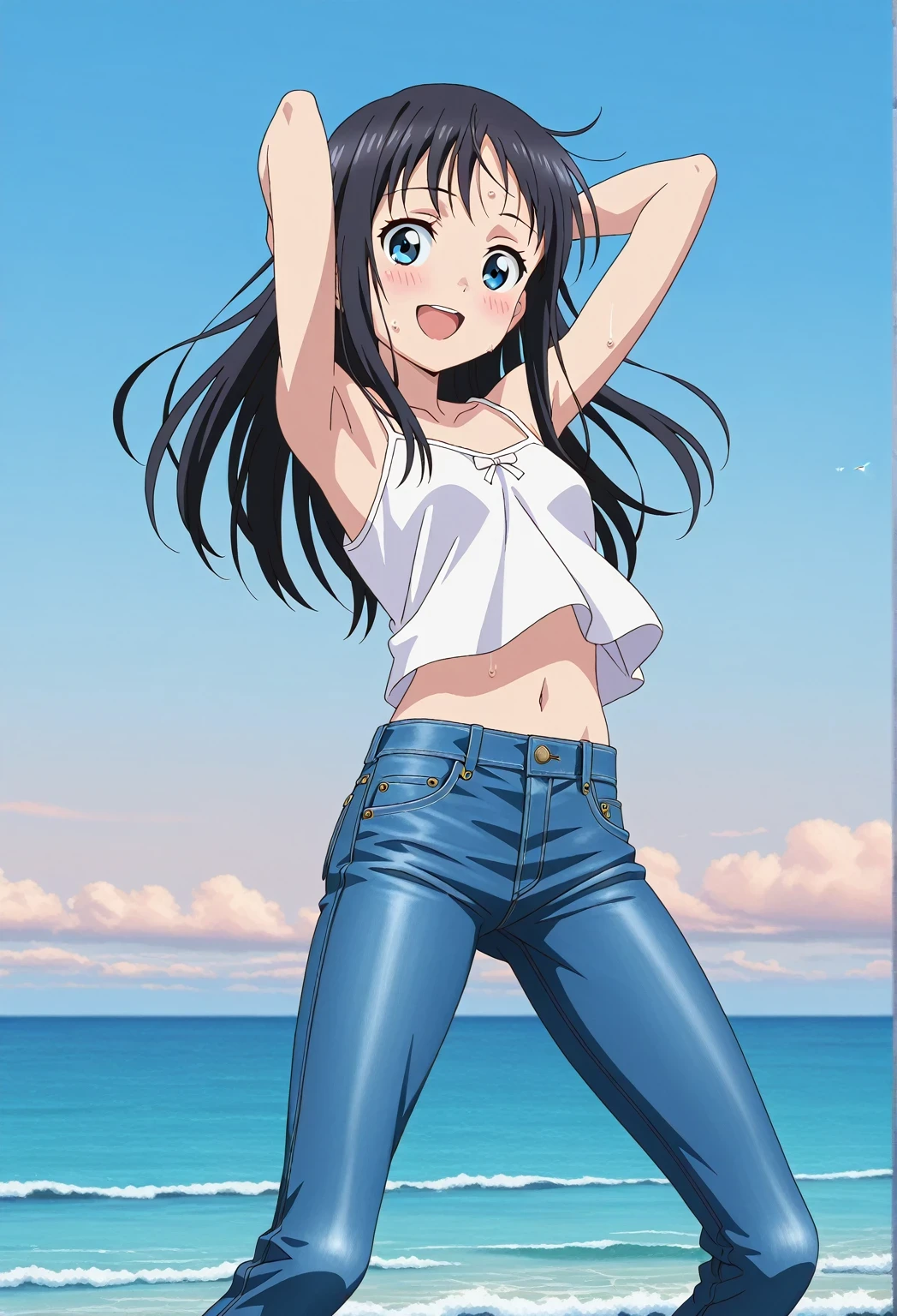 score_9, score_8_up, score_7_up, source_anime, highres, hi res, ((best quality, top quality, perfect quality, Highest Quality, amazing quality)), {{masterpiece}}, {{an extremely delicate and beautiful}}, 2d, intricate details, official style, anime, 8k, anime style, official_anime, official art, digital painting, cell shading, soft shading, high resolution, soothing tones, Subdued Color, Soft cinematic light, adobe lightroom, photolab, HDR, intricately and hyper-detailed, ((high quality animation)), 1 girl, Alone, solo, ((ocean)), tsunami, on the water, day, sunny, outdoors, sky, windy, hina_xl, 1girl, black hair, blue eyes, long hair, anime screencap, small breasts, white camisole top, crop top, white crop top, best quality, hyper-detailed jeans, ((blue jeans:1.9)), (dark blue jeans:0.6), full medium body, medium shot, Open mouth, smiling, happy face, blush, sweat, standing, ((arms behind head:6.0)), bowlegged, jumping pose, action, looking at viewer, spread legs, Bend knees slightly, straight-on front view