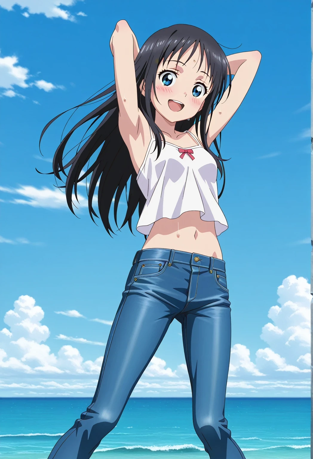 score_9, score_8_up, score_7_up, source_anime, highres, hi res, ((best quality, top quality, perfect quality, Highest Quality, amazing quality)), {{masterpiece}}, {{an extremely delicate and beautiful}}, 2d, intricate details, official style, anime, 8k, anime style, official_anime, official art, digital painting, cell shading, soft shading, high resolution, soothing tones, Subdued Color, Soft cinematic light, adobe lightroom, photolab, HDR, intricately and hyper-detailed, ((high quality animation)), 1 girl, Alone, solo, ((ocean)), tsunami, on the water, day, sunny, outdoors, sky, windy, hina_xl, 1girl, black hair, blue eyes, long hair, anime screencap, small breasts, white camisole top, crop top, white crop top, best quality, hyper-detailed jeans, ((blue jeans:1.9)), (dark blue jeans:0.6), full medium body, medium shot, Open mouth, smiling, happy face, blush, sweat, standing, ((arms behind head:6.0)), bowlegged, jumping pose, action, looking at viewer, spread legs, Bend knees slightly, straight-on front view