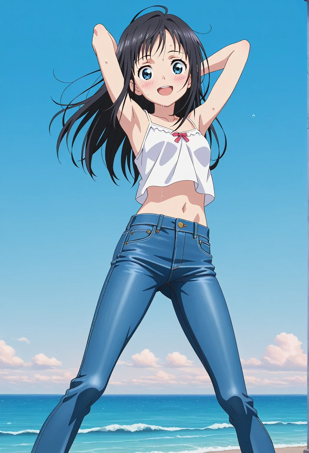 score_9, score_8_up, score_7_up, source_anime, highres, hi res, ((best quality, top quality, perfect quality, Highest Quality, amazing quality)), {{masterpiece}}, {{an extremely delicate and beautiful}}, 2d, intricate details, official style, anime, 8k, anime style, official_anime, official art, digital painting, cell shading, soft shading, high resolution, soothing tones, Subdued Color, Soft cinematic light, adobe lightroom, photolab, HDR, intricately and hyper-detailed, ((high quality animation)), 1 girl, Alone, solo, ((ocean)), tsunami, on the water, day, sunny, outdoors, sky, windy, hina_xl, 1girl, black hair, blue eyes, long hair, anime screencap, small breasts, white camisole top, crop top, white crop top, best quality, hyper-detailed jeans, ((blue jeans:1.9)), (dark blue jeans:0.6), full medium body, medium shot, Open mouth, smiling, happy face, blush, sweat, standing, ((arms behind head:6.0)), bowlegged, jumping pose, action, looking at viewer, spread legs, Bend knees slightly, straight-on front view