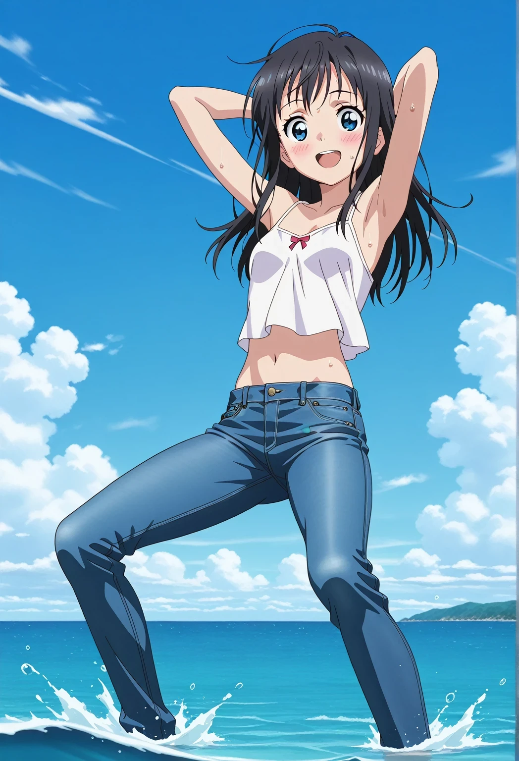 score_9, score_8_up, score_7_up, source_anime, highres, hi res, ((best quality, top quality, perfect quality, Highest Quality, amazing quality)), {{masterpiece}}, {{an extremely delicate and beautiful}}, 2d, intricate details, official style, anime, 8k, anime style, official_anime, official art, digital painting, cell shading, soft shading, high resolution, soothing tones, Subdued Color, Soft cinematic light, adobe lightroom, photolab, HDR, intricately and hyper-detailed, ((high quality animation)), 1 girl, Alone, solo, ((ocean)), tsunami, on the water, day, sunny, outdoors, sky, windy, hina_xl, 1girl, black hair, blue eyes, long hair, anime screencap, small breasts, white camisole top, crop top, white crop top, best quality, hyper-detailed jeans, ((blue jeans:1.9)), (dark blue jeans:0.6), full medium body, medium shot, Open mouth, smiling, happy face, blush, sweat, standing, ((arms behind head:6.0)), bowlegged, jumping pose, action, looking at viewer, spread legs, Bend knees slightly, straight-on front view