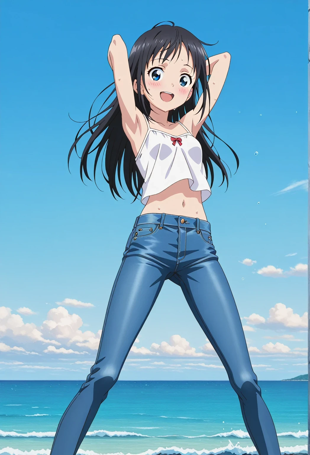 score_9, score_8_up, score_7_up, source_anime, highres, hi res, ((best quality, top quality, perfect quality, Highest Quality, amazing quality)), {{masterpiece}}, {{an extremely delicate and beautiful}}, 2d, intricate details, official style, anime, 8k, anime style, official_anime, official art, digital painting, cell shading, soft shading, high resolution, soothing tones, Subdued Color, Soft cinematic light, adobe lightroom, photolab, HDR, intricately and hyper-detailed, ((high quality animation)), 1 girl, Alone, solo, ((ocean)), tsunami, on the water, day, sunny, outdoors, sky, windy, hina_xl, 1girl, black hair, blue eyes, long hair, anime screencap, small breasts, white camisole top, crop top, white crop top, best quality, hyper-detailed jeans, ((blue jeans:1.9)), (dark blue jeans:0.6), full medium body, medium shot, Open mouth, smiling, happy face, blush, sweat, standing, ((arms behind head:6.0)), bowlegged, jumping pose, action, looking at viewer, spread legs, Bend knees slightly, straight-on front view