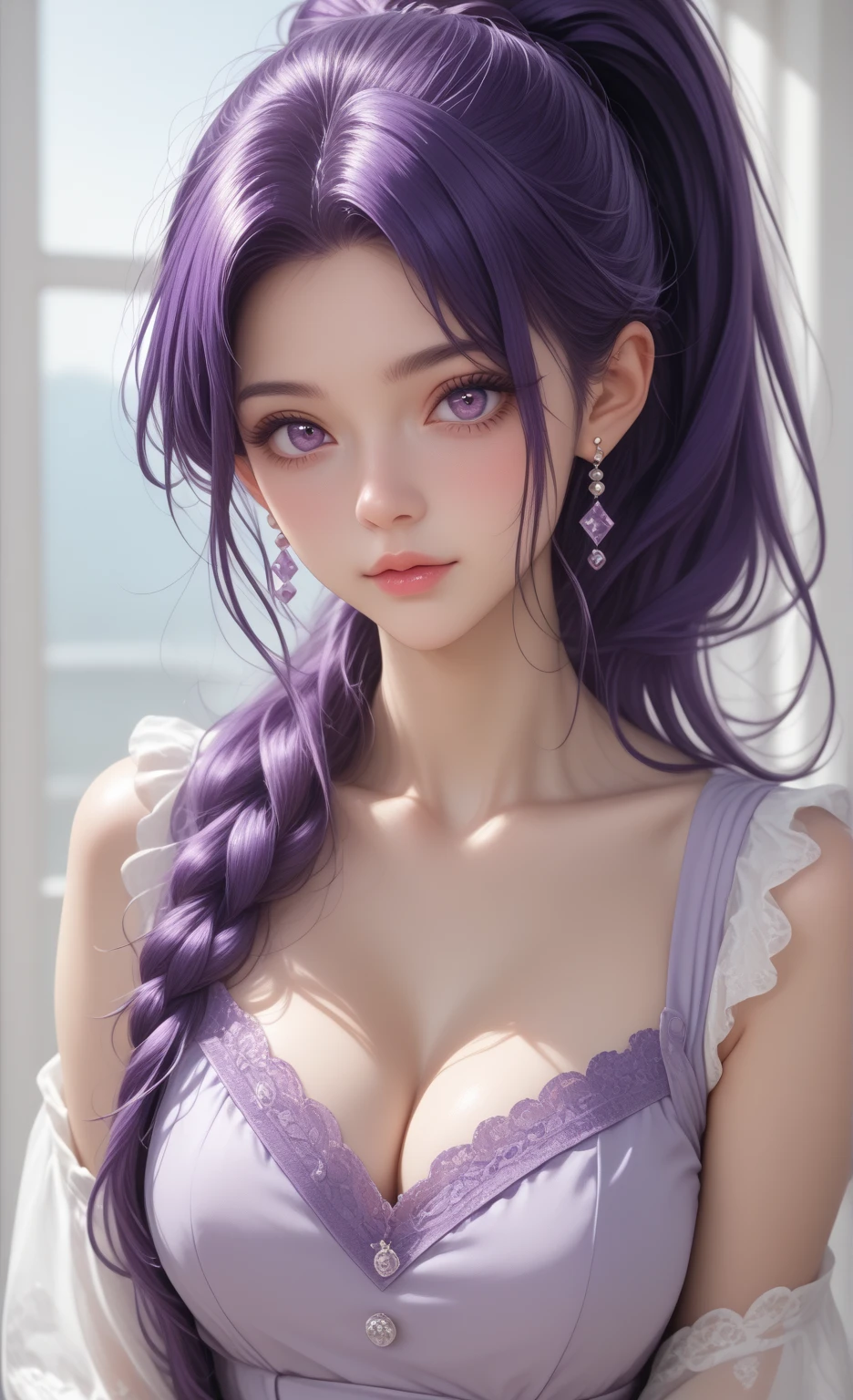 Colorful hair（Purple and blue gradient）、short twintails、Beautuful Women、beautidful eyes、Dazzling smile、Soft skin type、Official art、​masterpiece、Extremely delicate modeling、top-quality、Photorealsitic、8k picture、hiquality、large full breasts、Princess、Infant face（Rounded face）、Sheer lingerie、