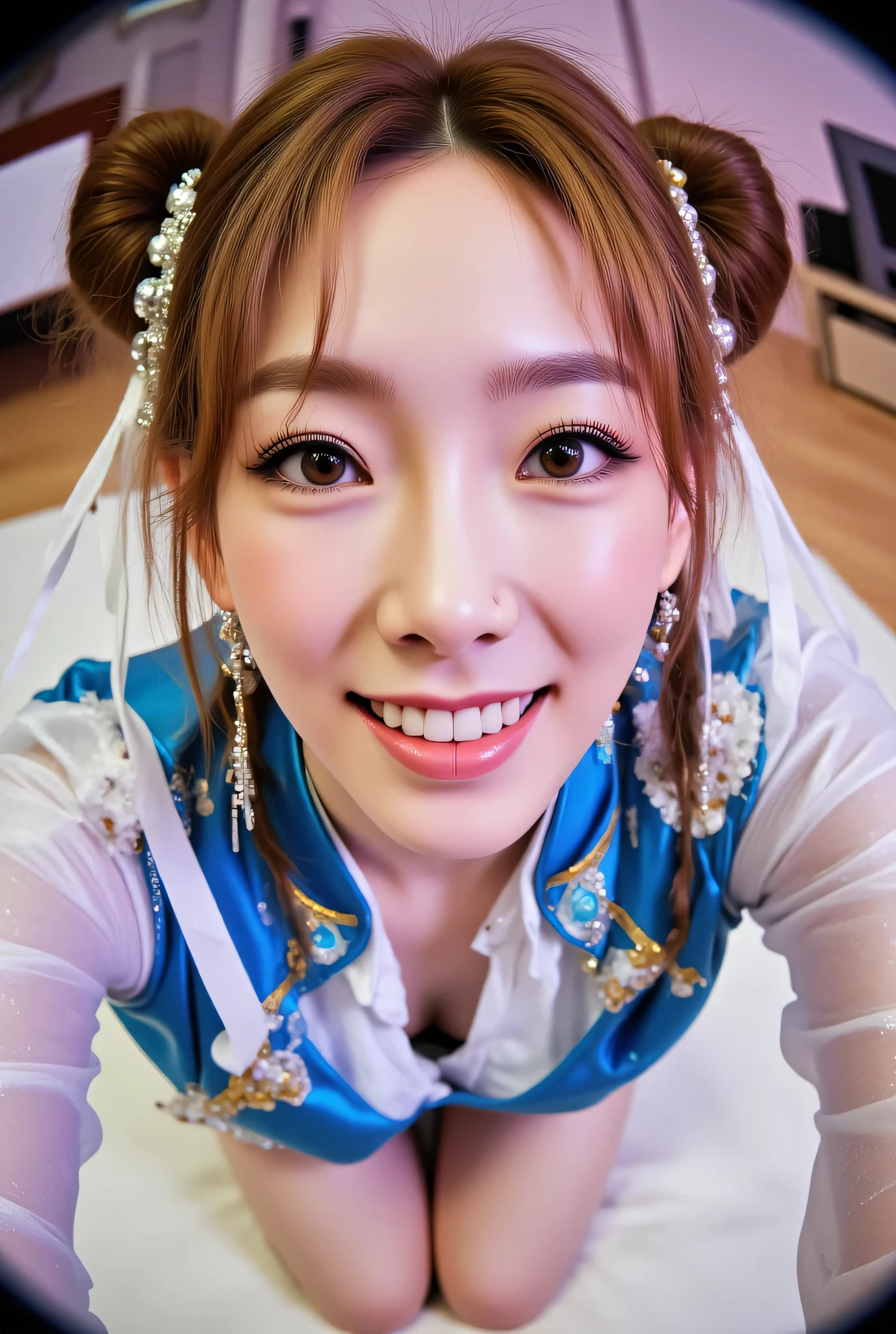 Fisheye lens,ohwx, (Face-focus:1.3), (8mm Fisheye lens:1.3), fisheye curvature applied to her face eyes chin and lips, extreme wide-angle distortion, warped perspective, curved lines, 180° field of view, Taeyeon in a Chun-Li from Street Fighter cosplay, high downward angle face close-up from overhead, bright makeup, smiles with her teeth visible, plump and fleshy lips, her protruding and oversized chin that is exaggerated by fisheye lens dominates the frame, her face distorted by fisheye perspective, she is looking directly at the viewer, (wrinkly face:1.3), her eyes are smothered in smoky black eyeshadow with dramatic winged eyeliner, outrageously long and voluminous lash extensions, long neck, peach blush on her cheeks, black mascara, fluorescent lighting, two oxhorns hairstyle(two high buns) adorned with white silk brocades and ribbons, blue qipao with golden accents, puffy sleeves and a white waistband, kneeling with her knees on the floor, leaning on both her hands that are concealed between her bare thighs.

BREAK

masterpiece, best quality, high resolution, ultra-detailed, volumetric lighting, detailed hair, detailed eyes, detailed face within fisheye distortion, features distorted by extreme wide-angle perspective, exquisitely rendered, dramatic shading, subsurface scattering, score_9, score_8_up, score_7_up

